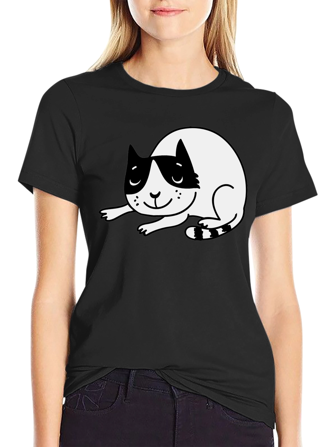 Cute Cartoon Cat Black T-Shirt