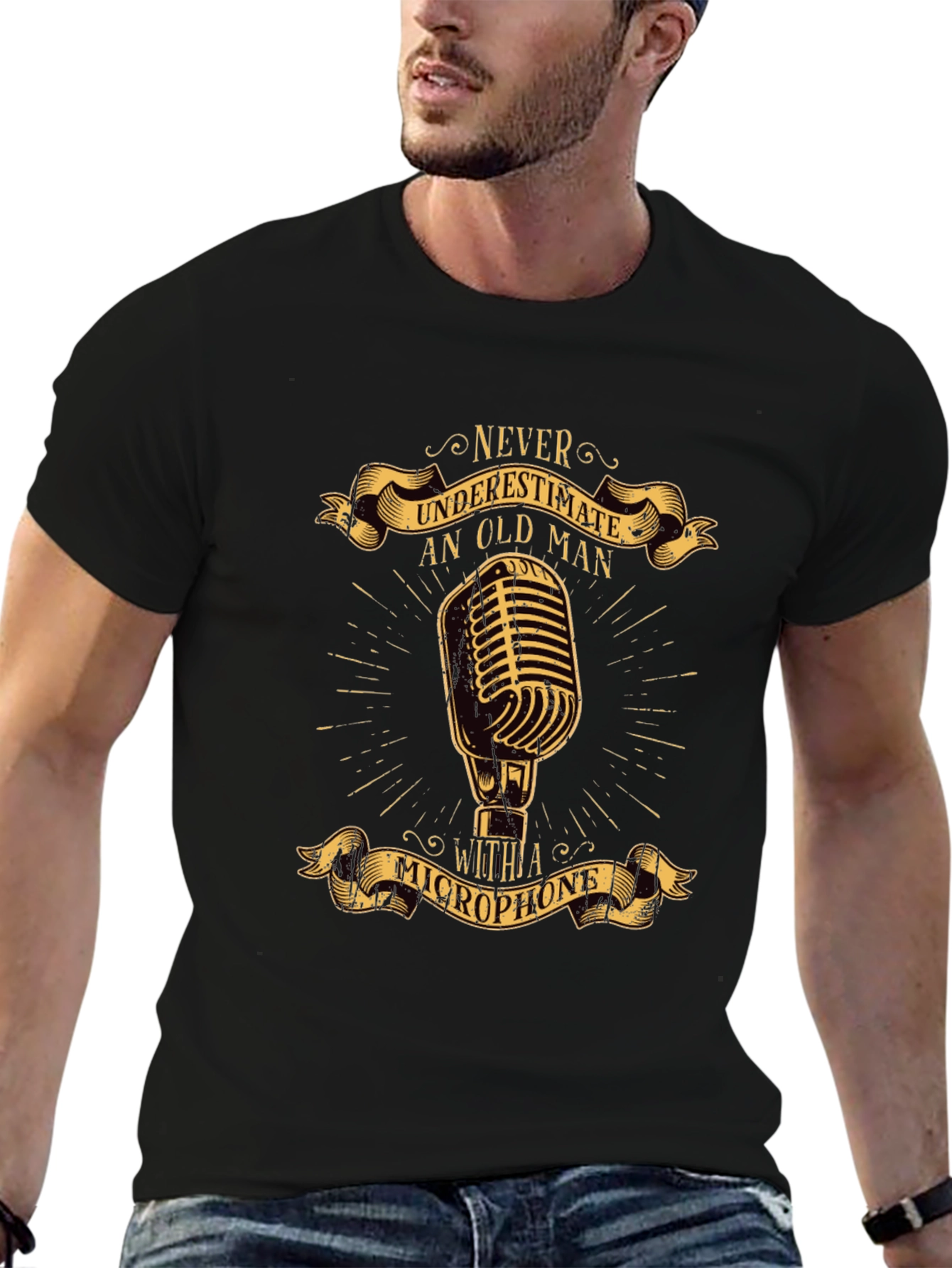 Never Underestimate Old Man Microphone T-Shirt
