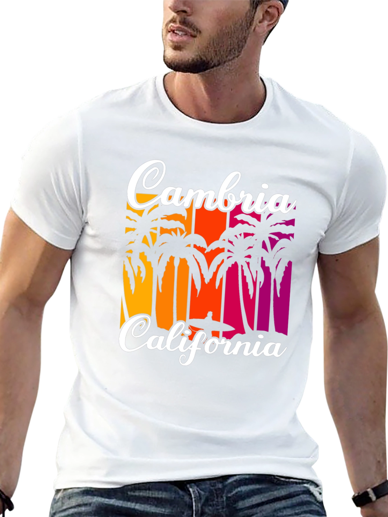 Cambria California T-Shirt: Beach Palm Tree Sunset Design
