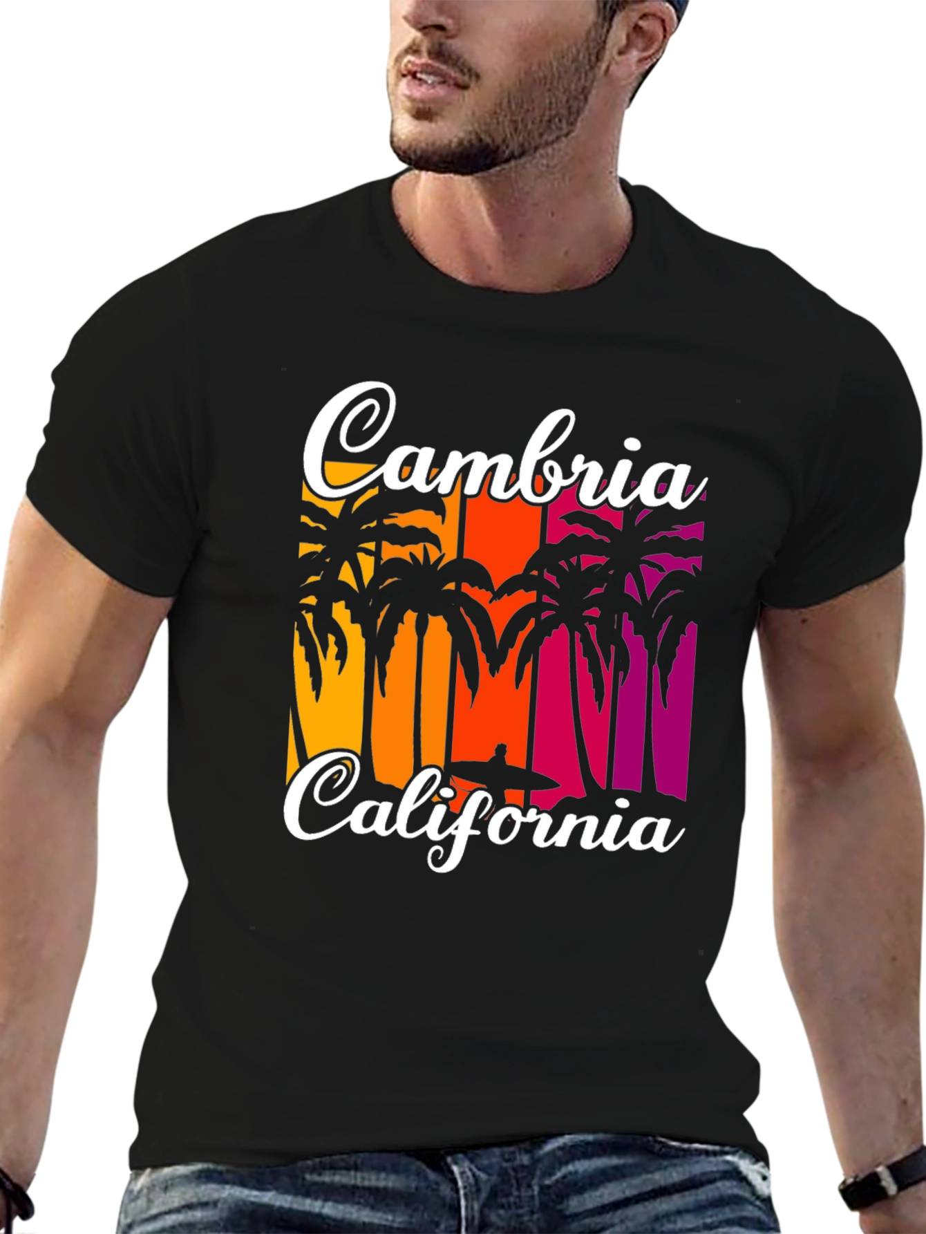 Cambria California T-Shirt: Beach Palm Tree Sunset Design