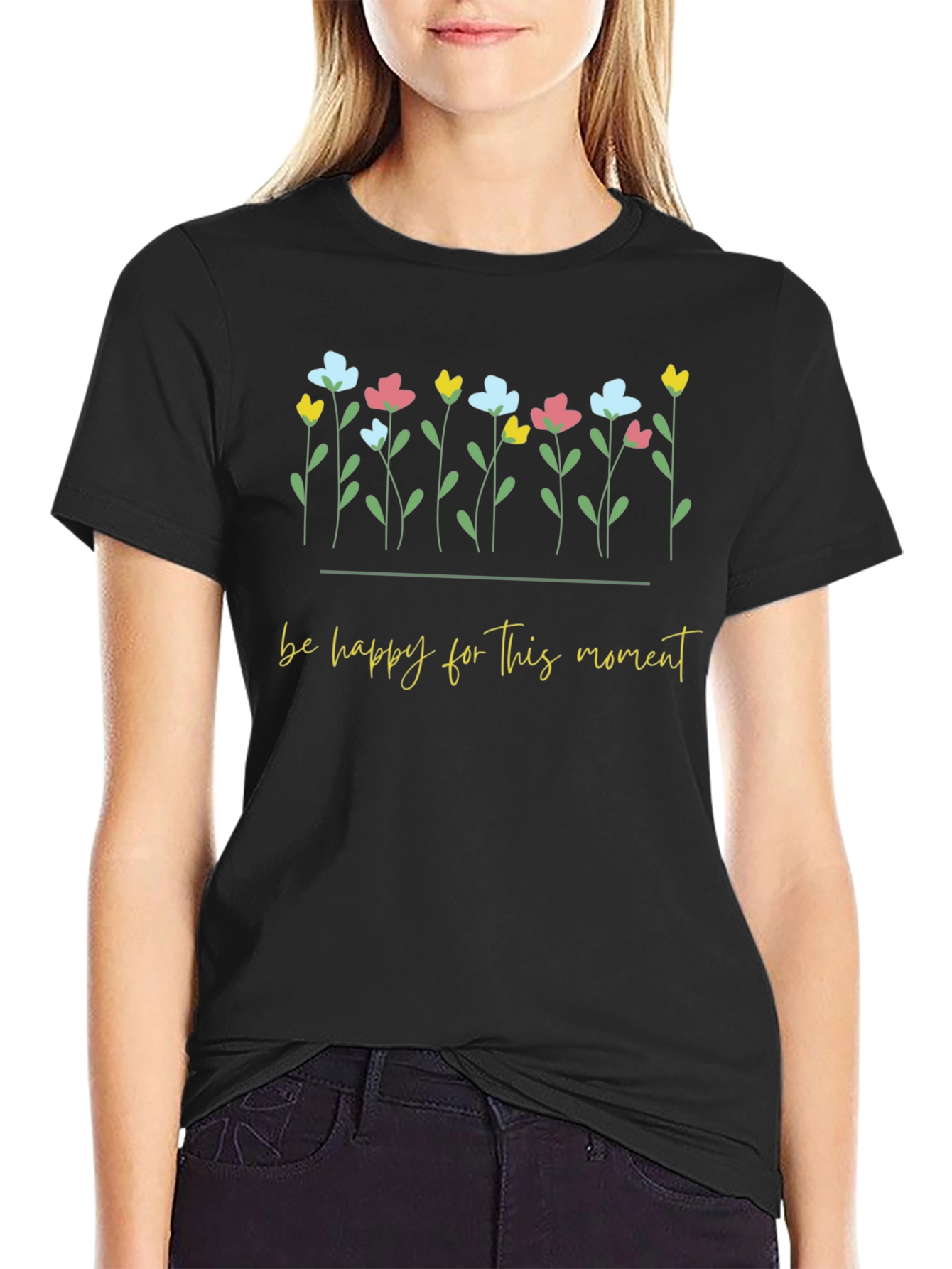 Floral Be Happy Black Graphic Tee