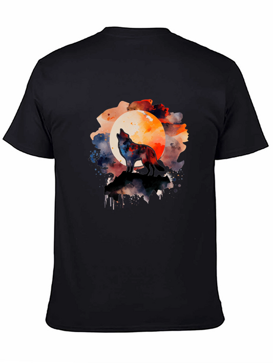 Wolf Howling Moon Watercolor Graphic Tee - Black