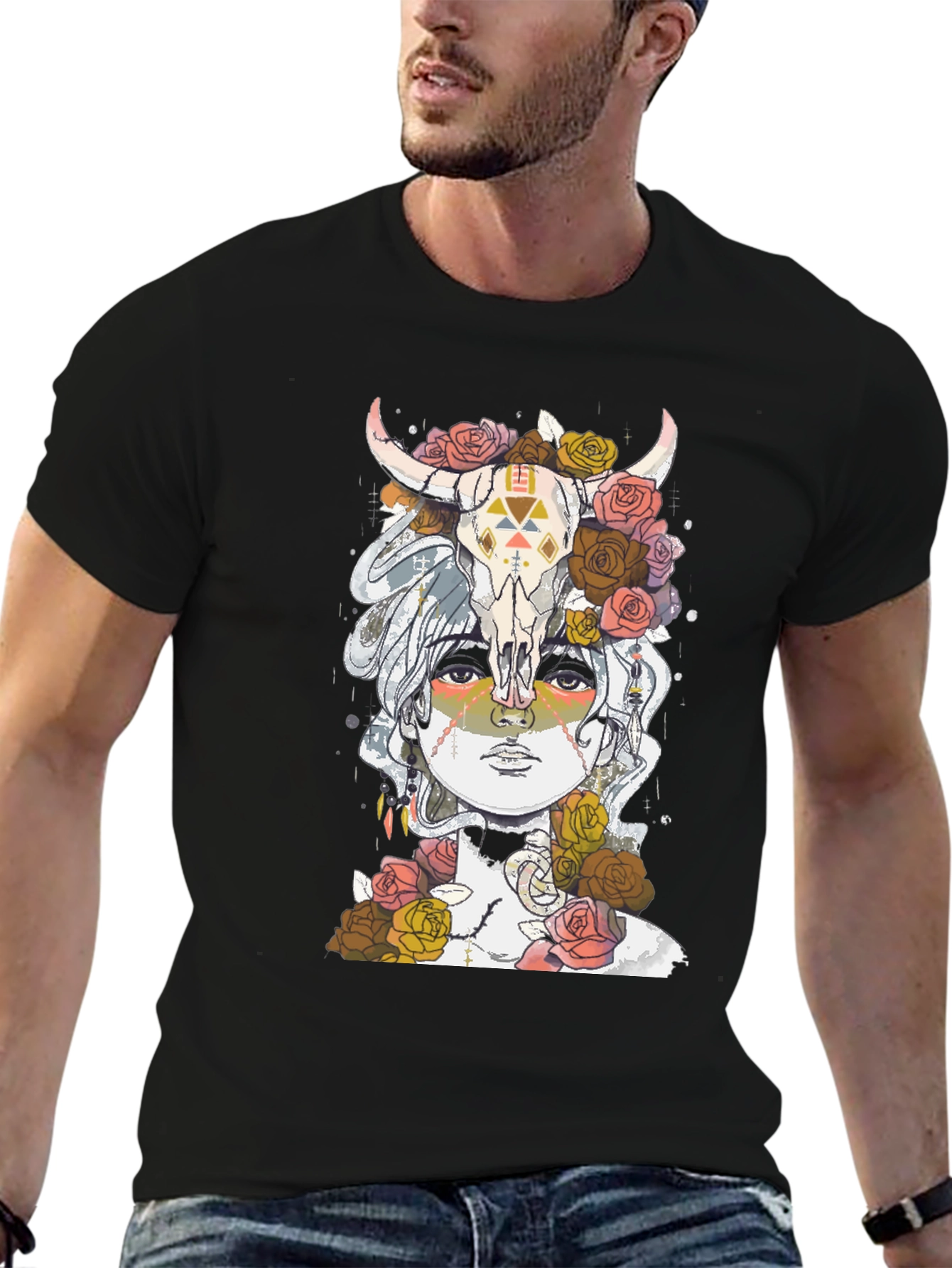 Skull & Floral T-Shirt - Artistic Graphic Tee