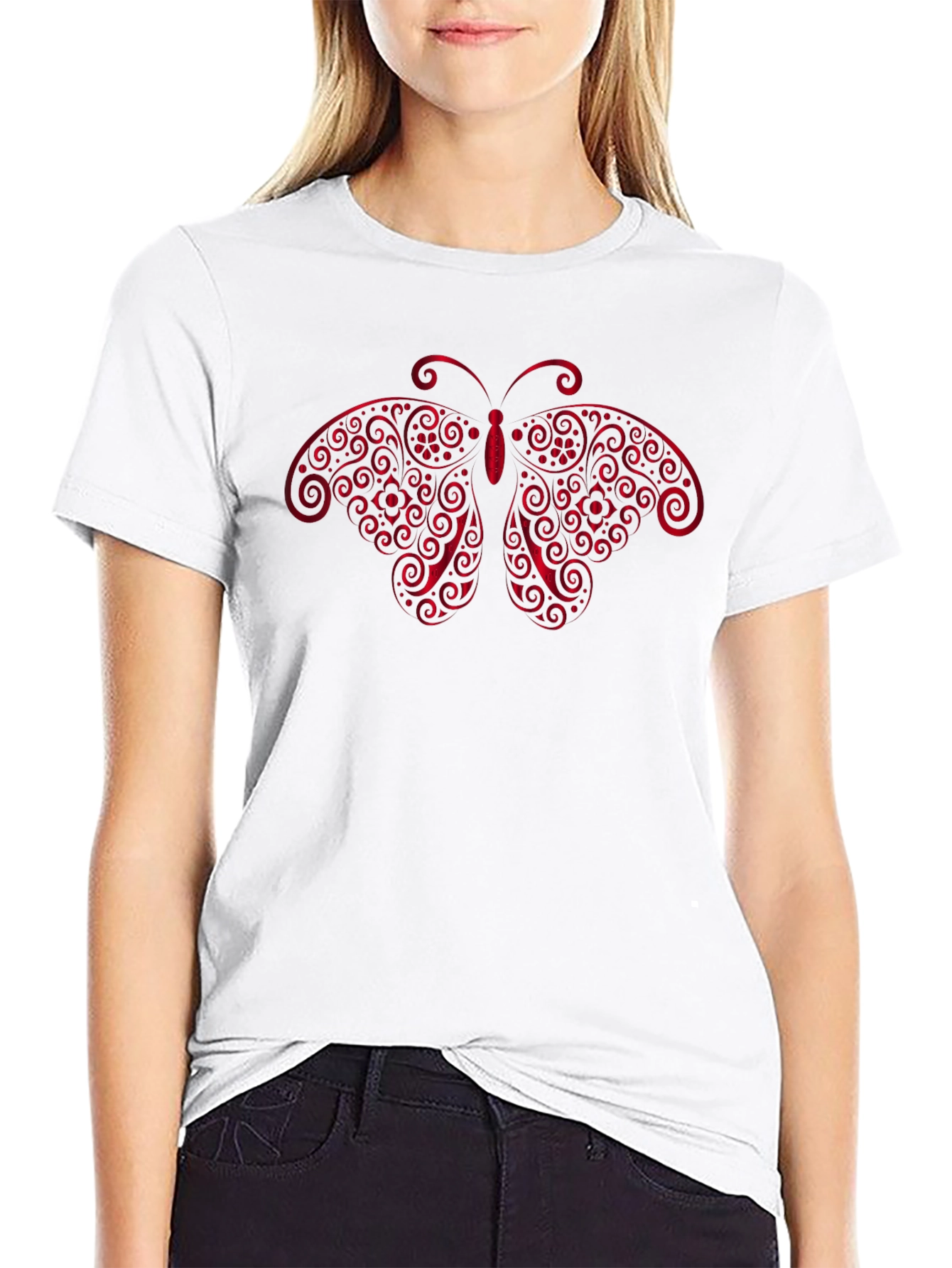 Black T-Shirt with Red Butterfly Graphic
