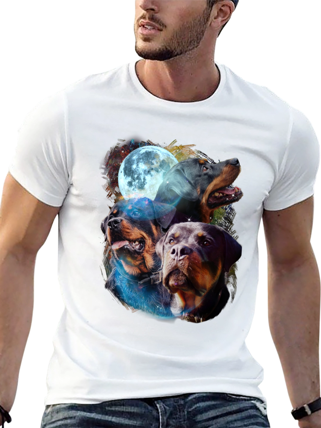Rottweiler Moon Graphic Tee - Black Cotton Blend