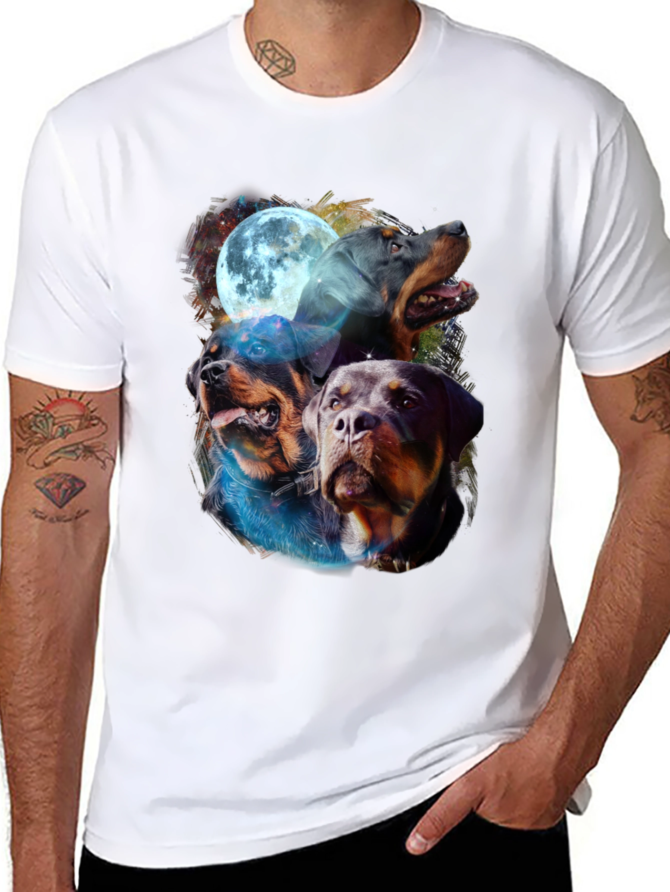 Rottweiler Moon Graphic Tee - Black Cotton Blend