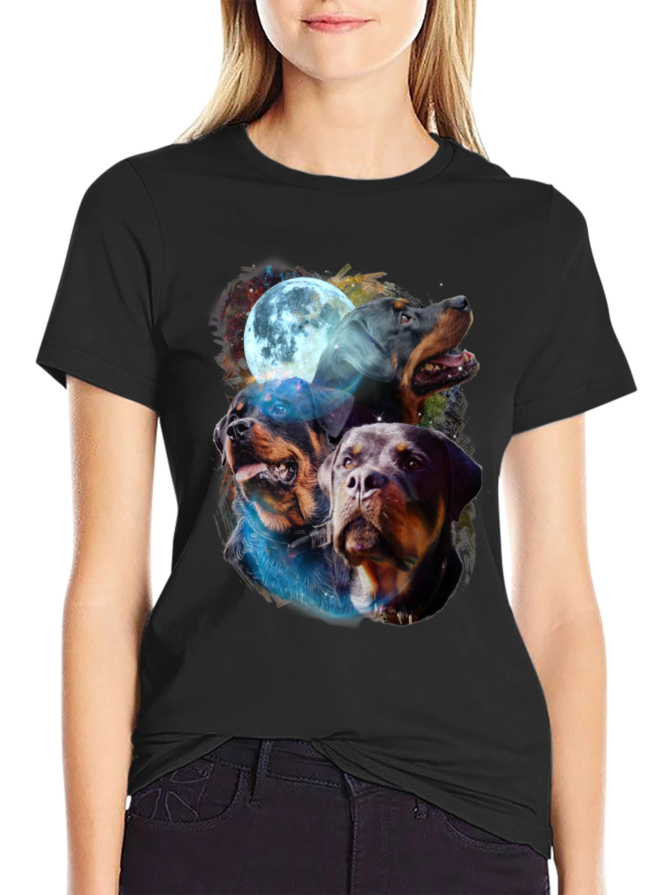 Rottweiler Moon Graphic Tee - Black Cotton Blend