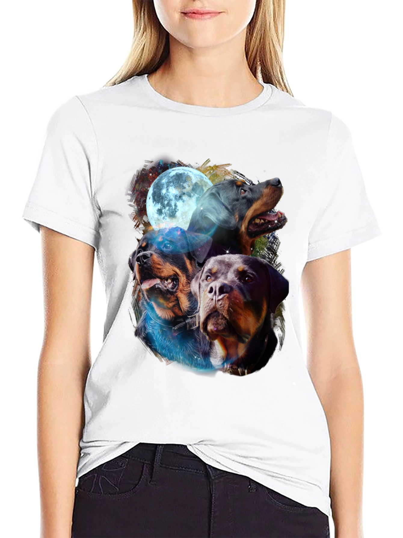 Rottweiler Moon Graphic Tee - Black Cotton Blend
