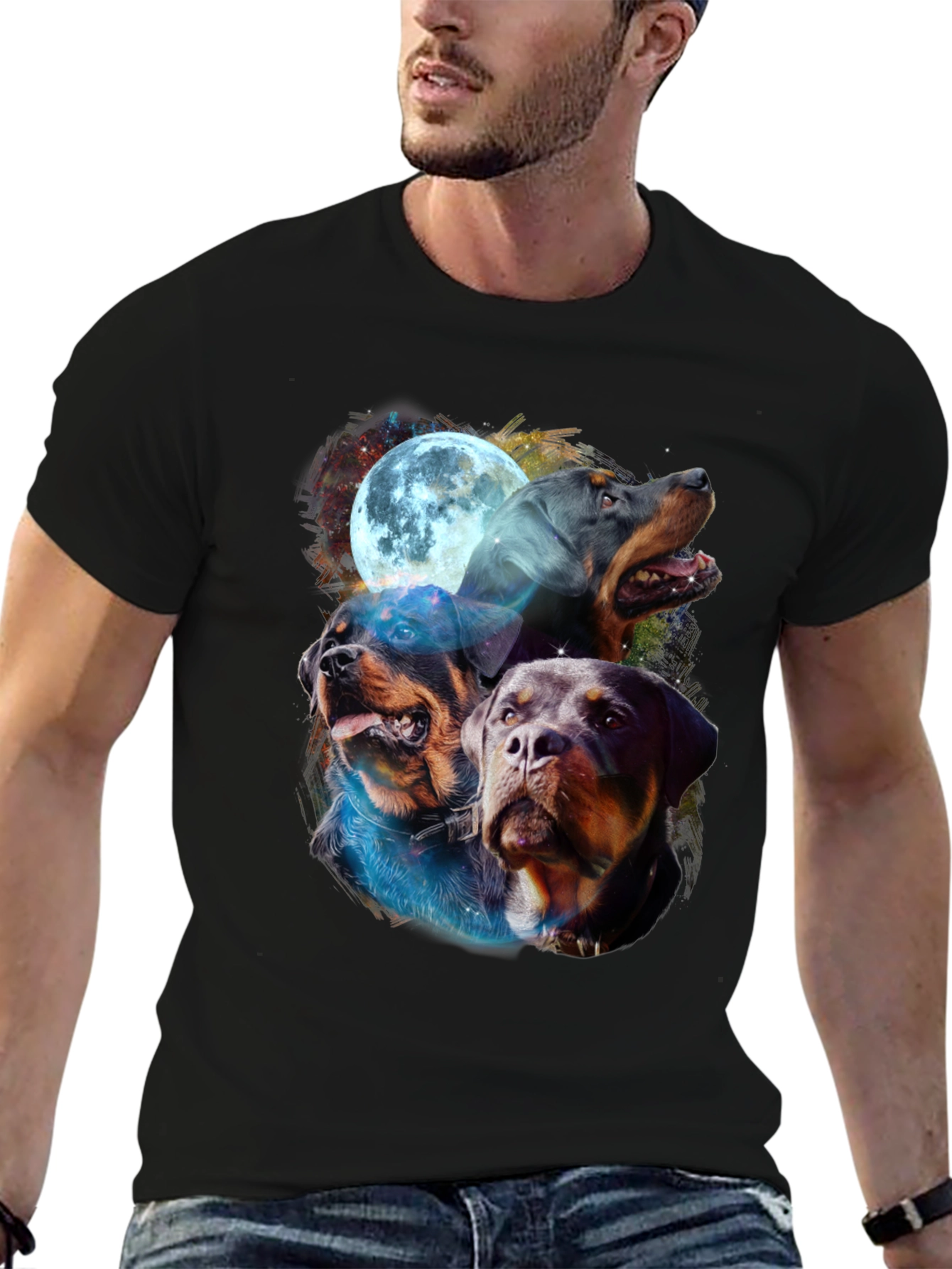 Rottweiler Moon Graphic Tee - Black Cotton Blend