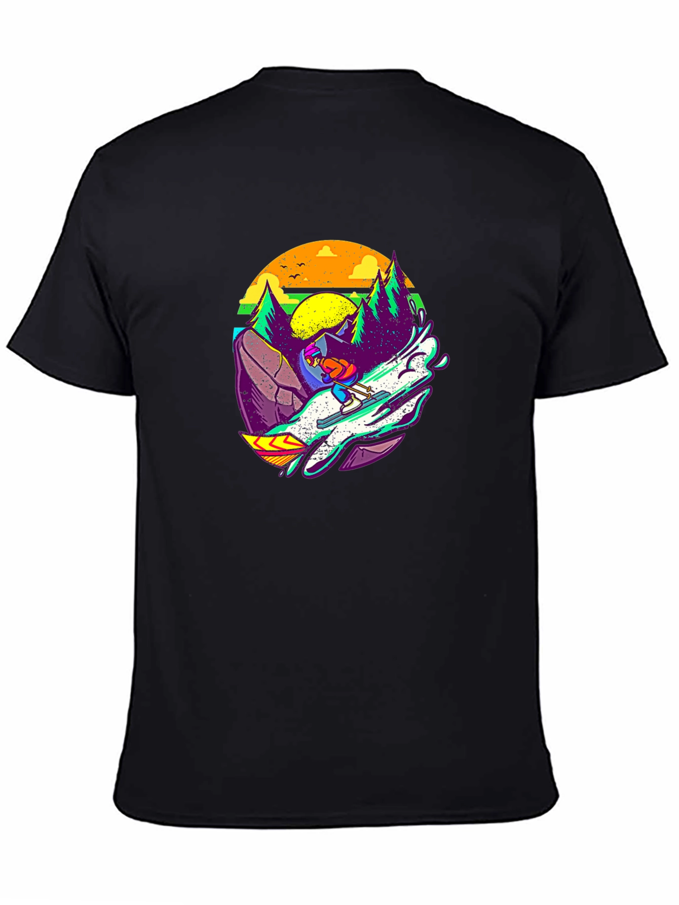 Retro Skiing Graphic Tee - Black Cotton T-Shirt