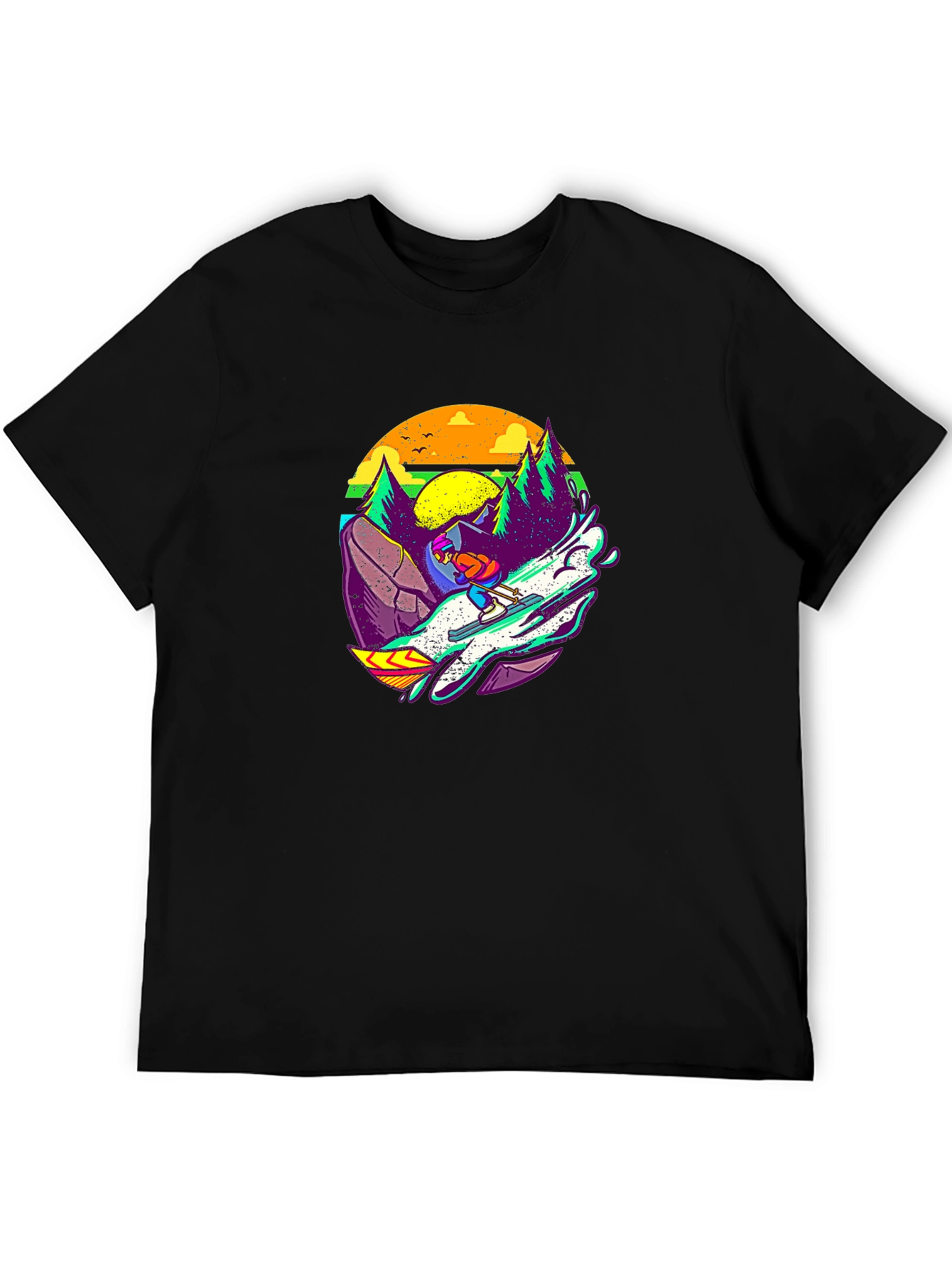 Retro Skiing Graphic Tee - Black Cotton T-Shirt