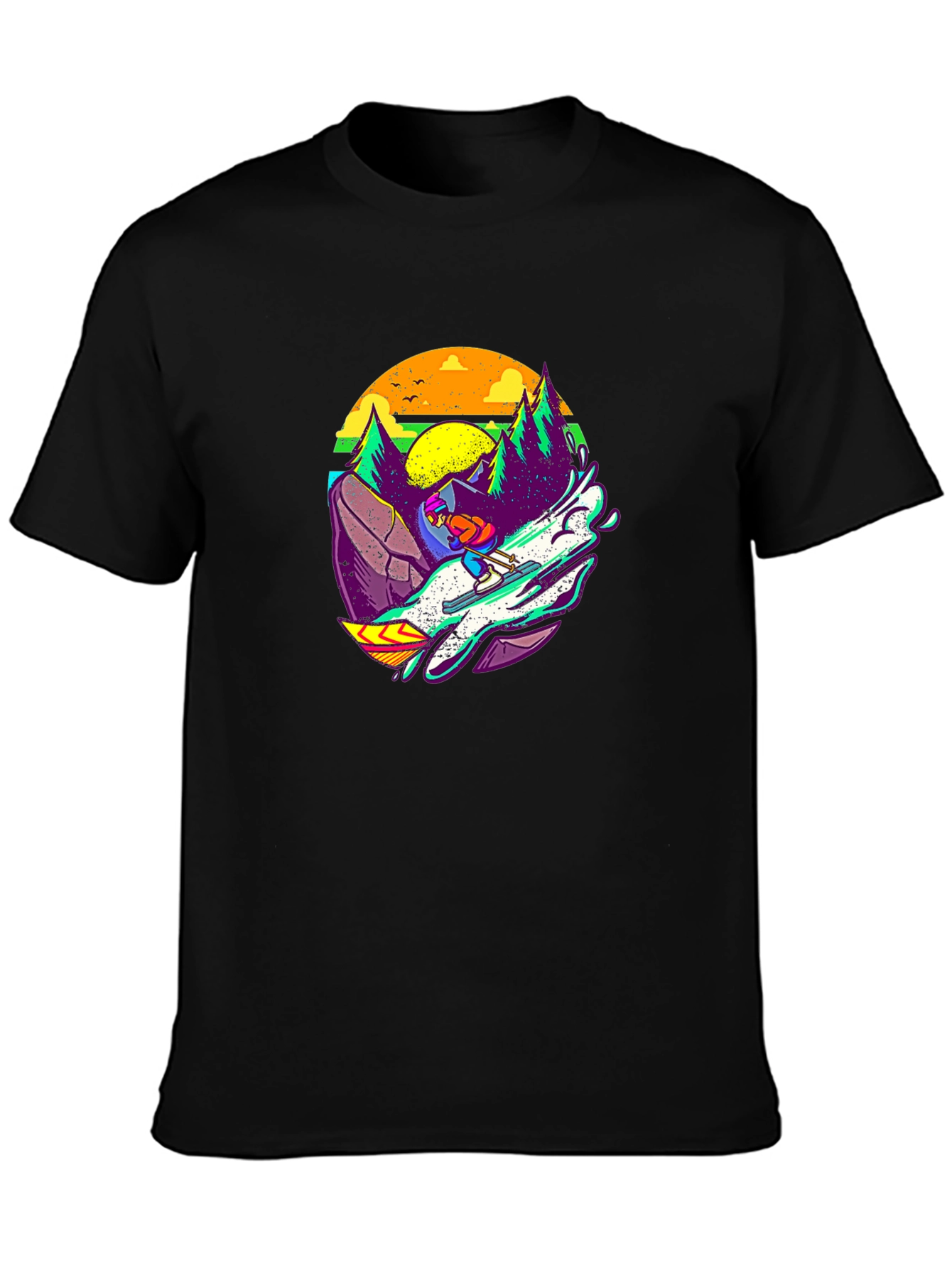 Retro Skiing Graphic Tee - Black Cotton T-Shirt