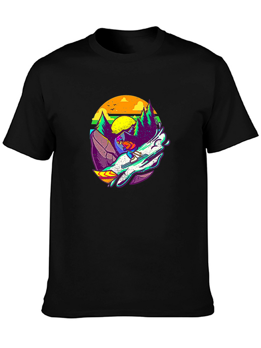 Retro Skiing Graphic Tee - Black Cotton T-Shirt
