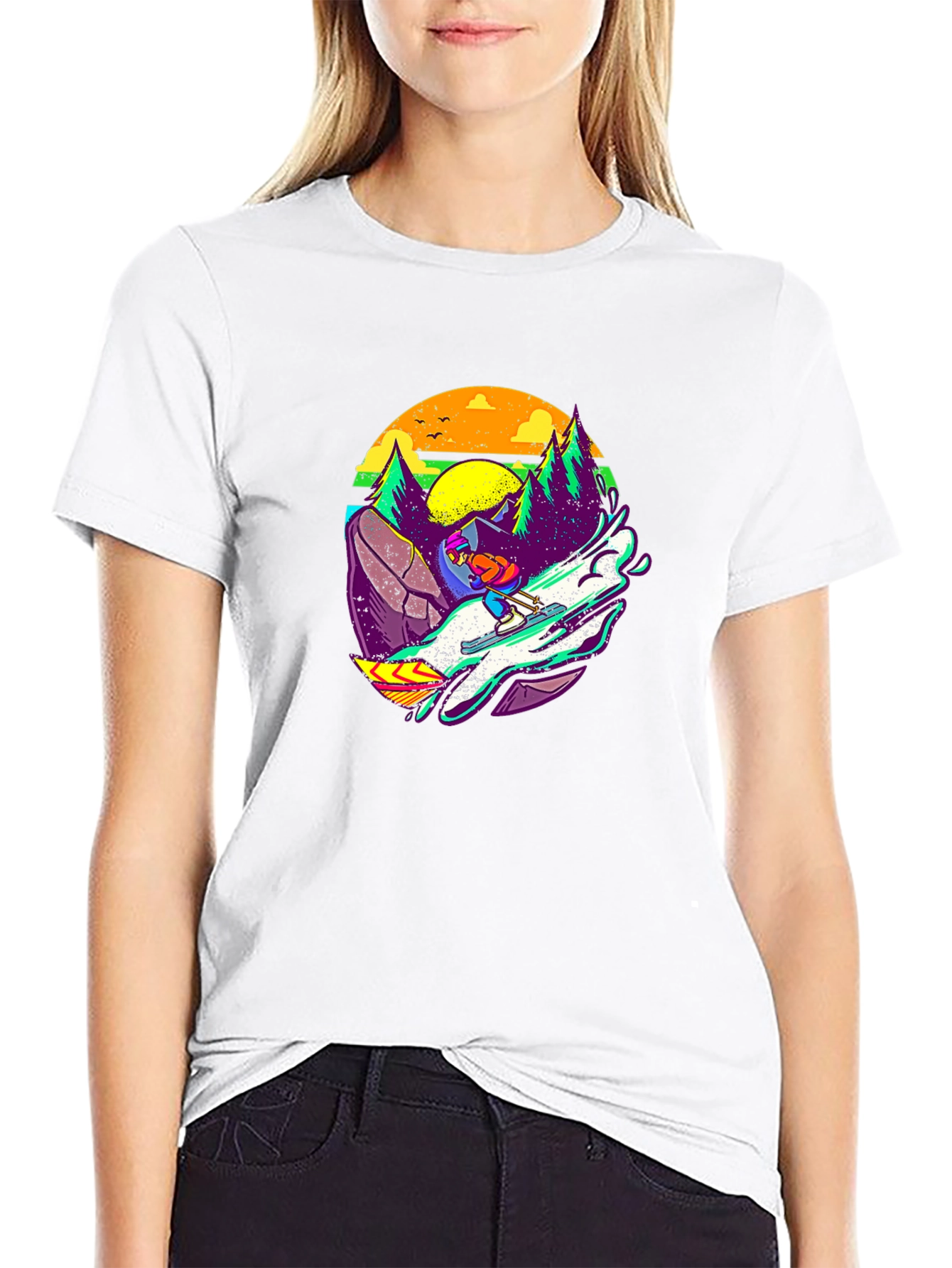 Retro Skiing Graphic Tee - Black Cotton T-Shirt