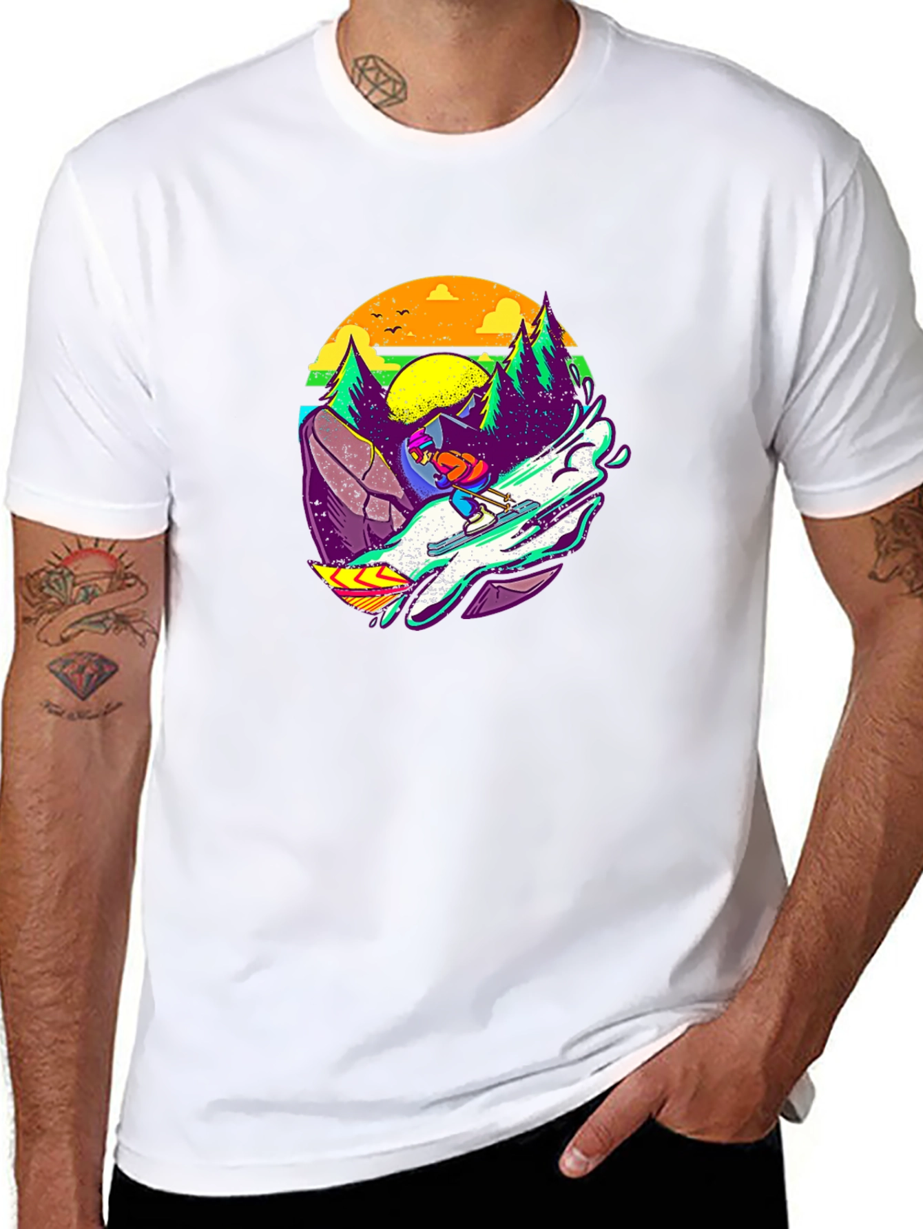 Retro Skiing Graphic Tee - Black Cotton T-Shirt