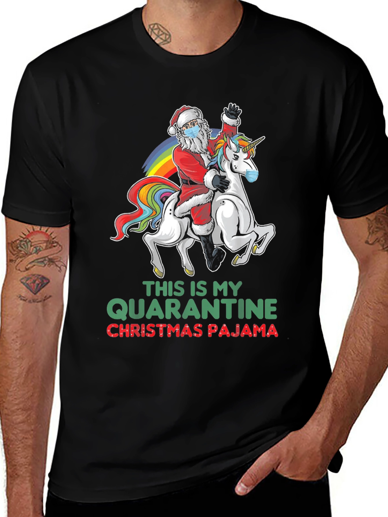 Quarantine Christmas Pajama T-Shirt Santa Unicorn