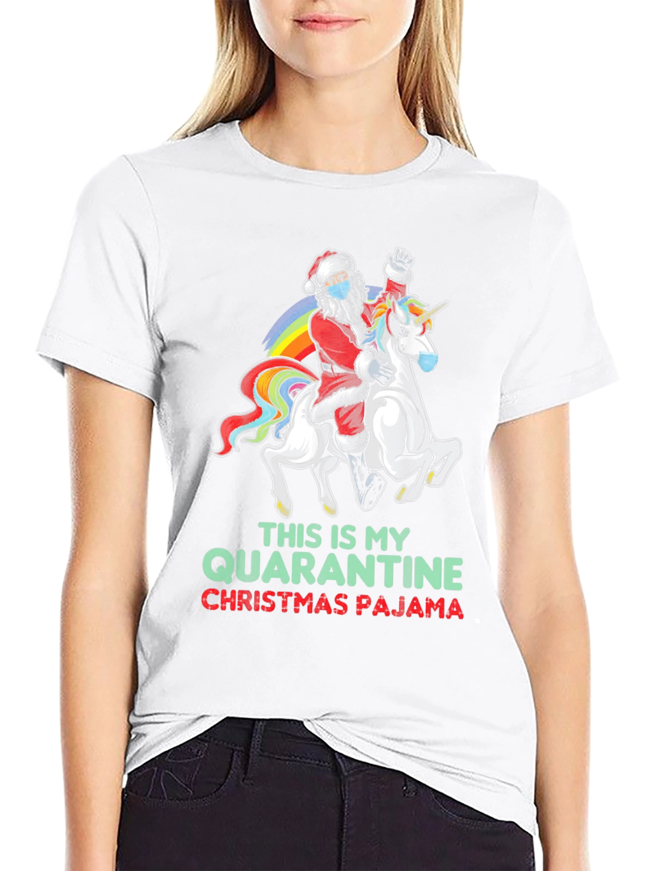 Quarantine Christmas Pajama T-Shirt Santa Unicorn