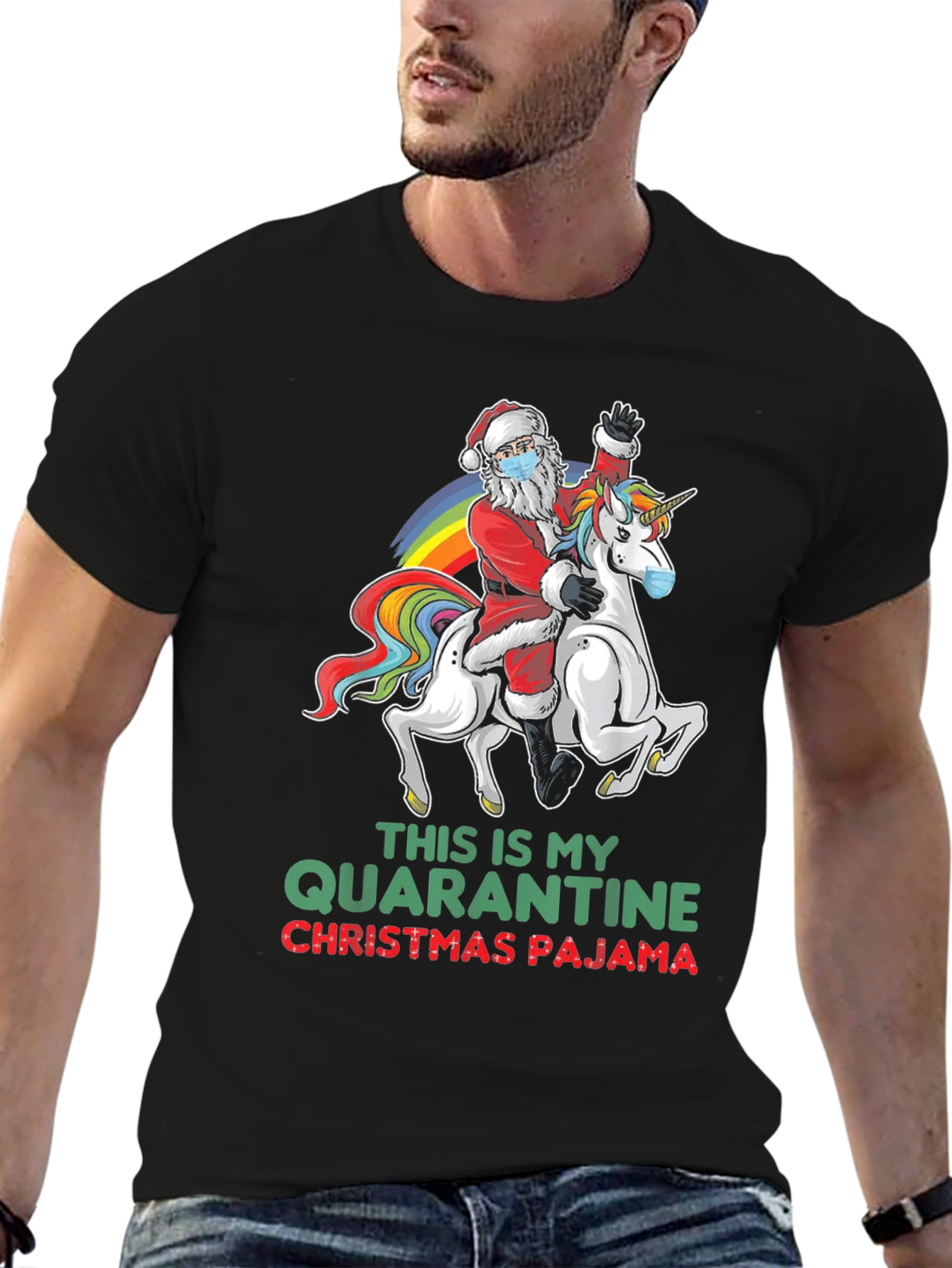 Quarantine Christmas Pajama T-Shirt Santa Unicorn