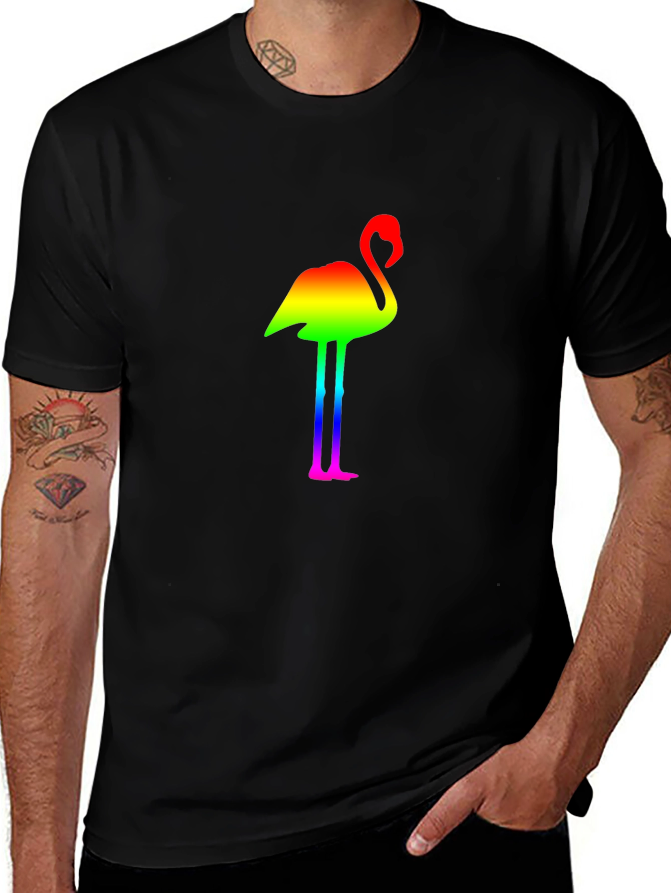 Rainbow Flamingo Graphic Black T-Shirt