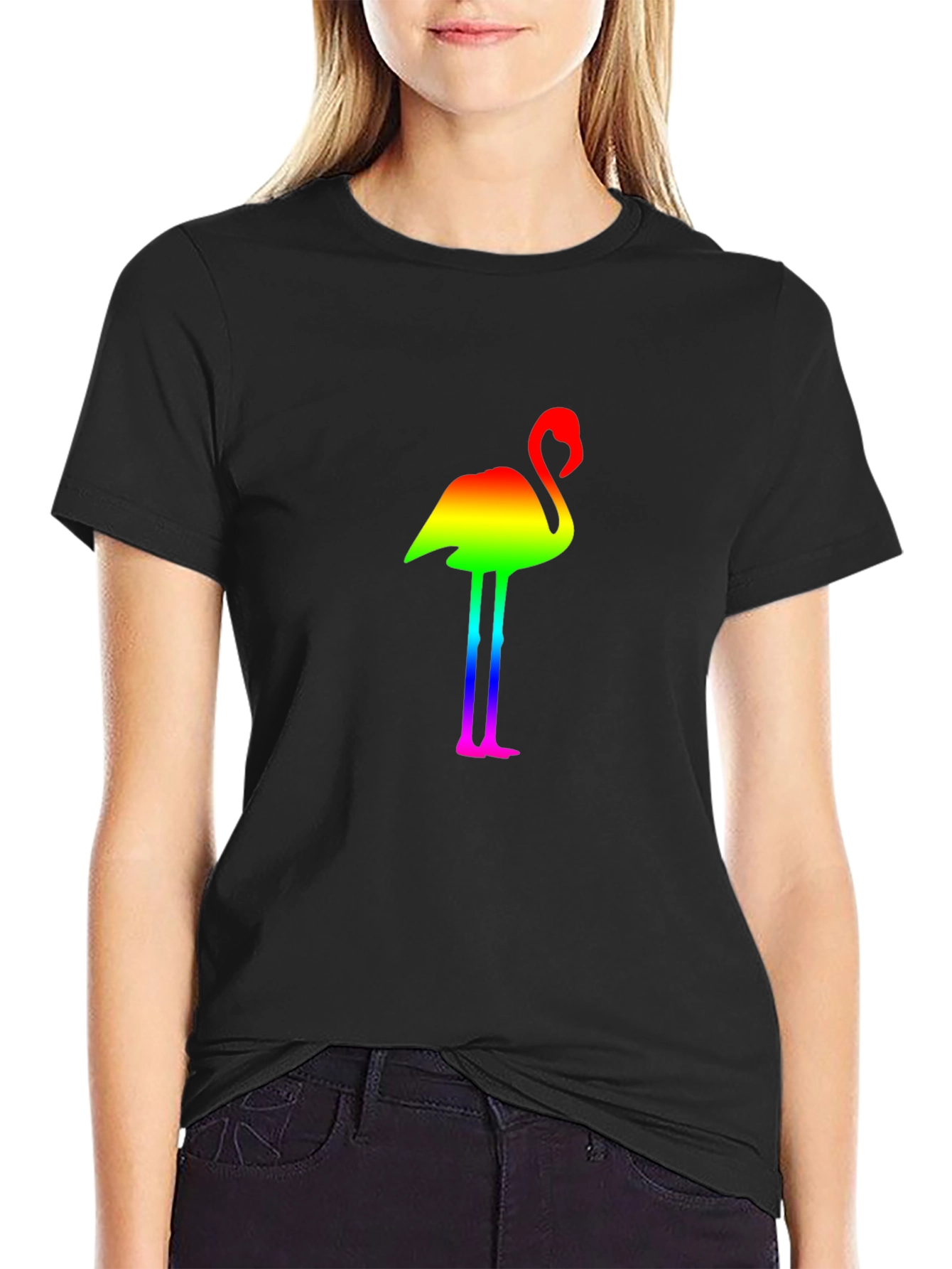 Rainbow Flamingo Graphic Black T-Shirt