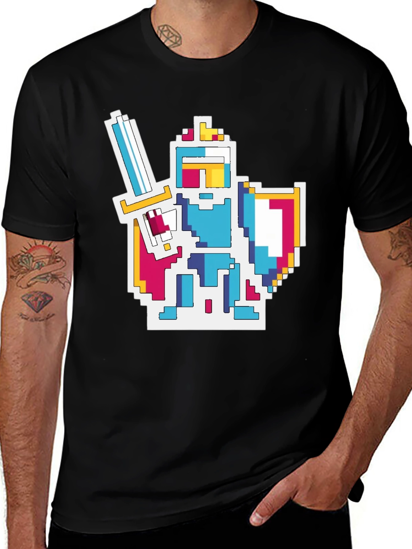 Pixel Knight Graphic Tee - Black Cotton Blend T-Shirt