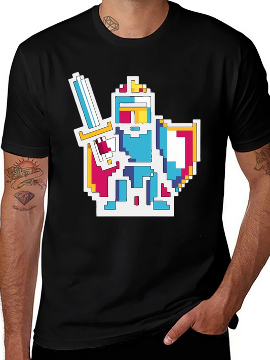 Pixel Knight Graphic Tee - Black Cotton Blend T-Shirt