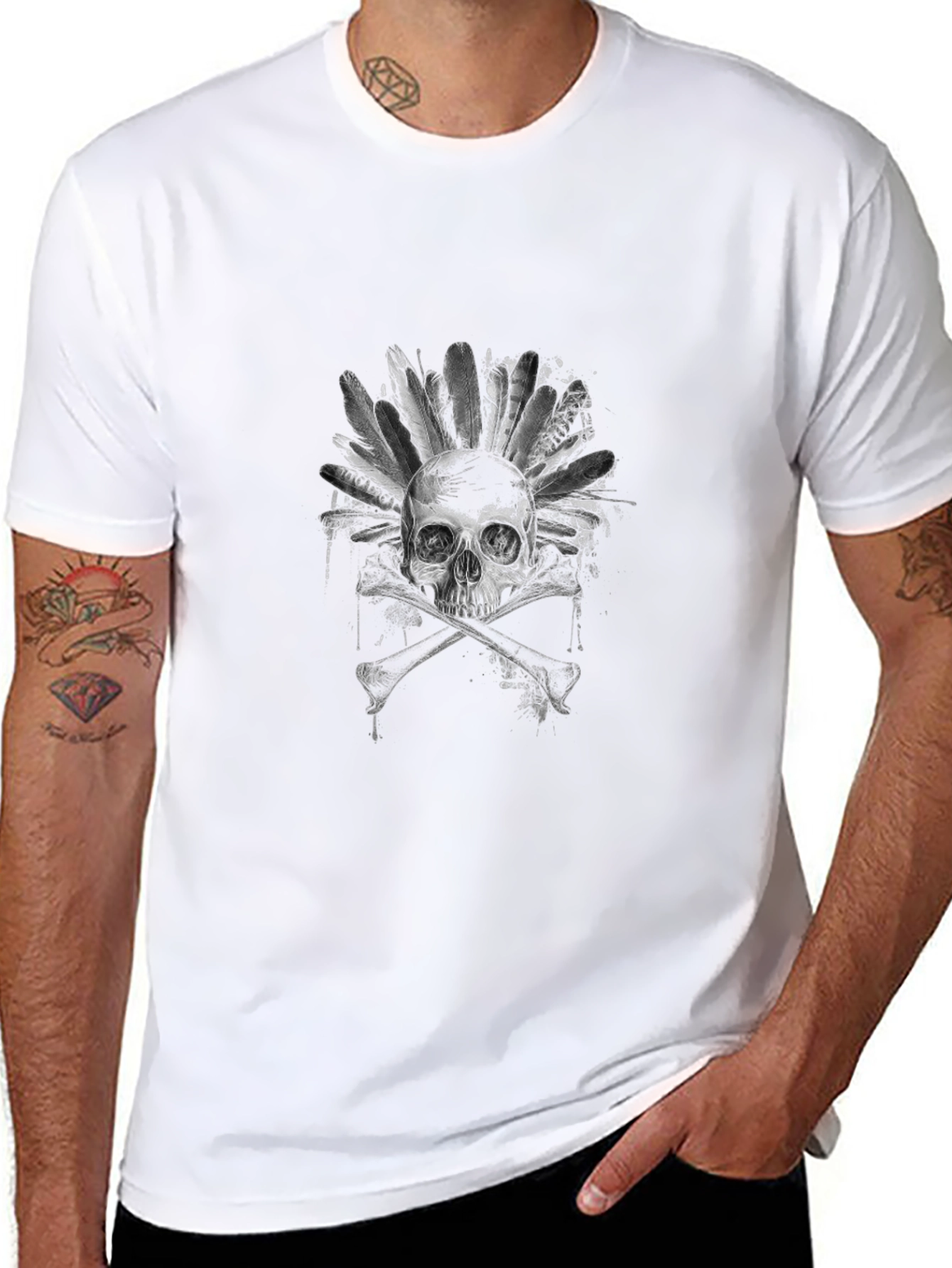 Skull & Feathers Graphic Tee - Black