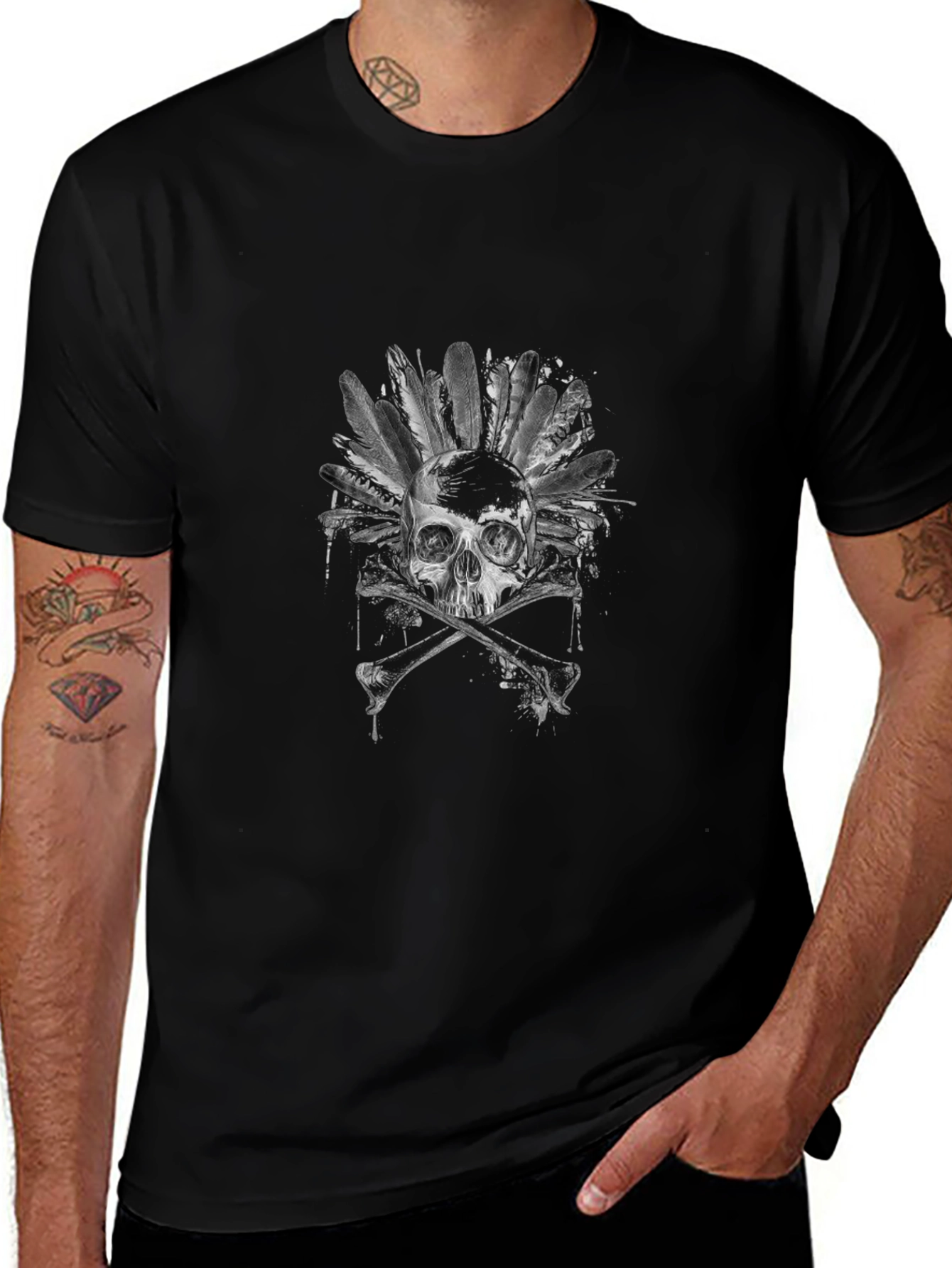Skull & Feathers Graphic Tee - Black