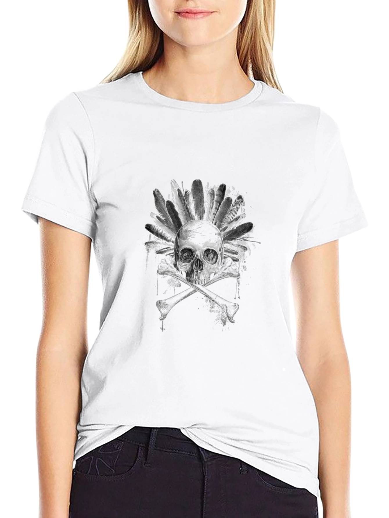 Skull & Feathers Graphic Tee - Black