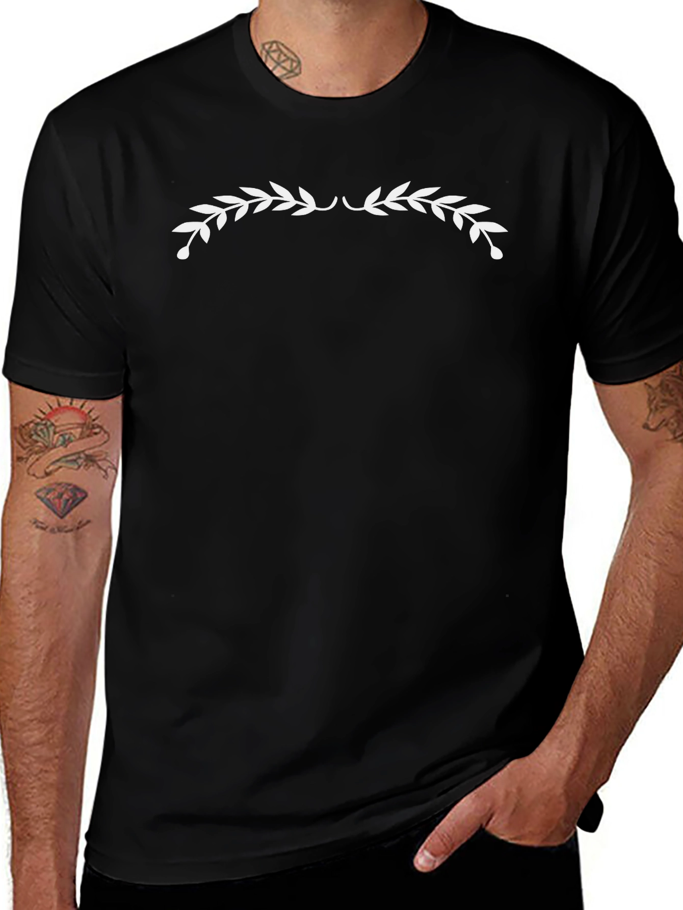 Black T-Shirt with White Leaf Design