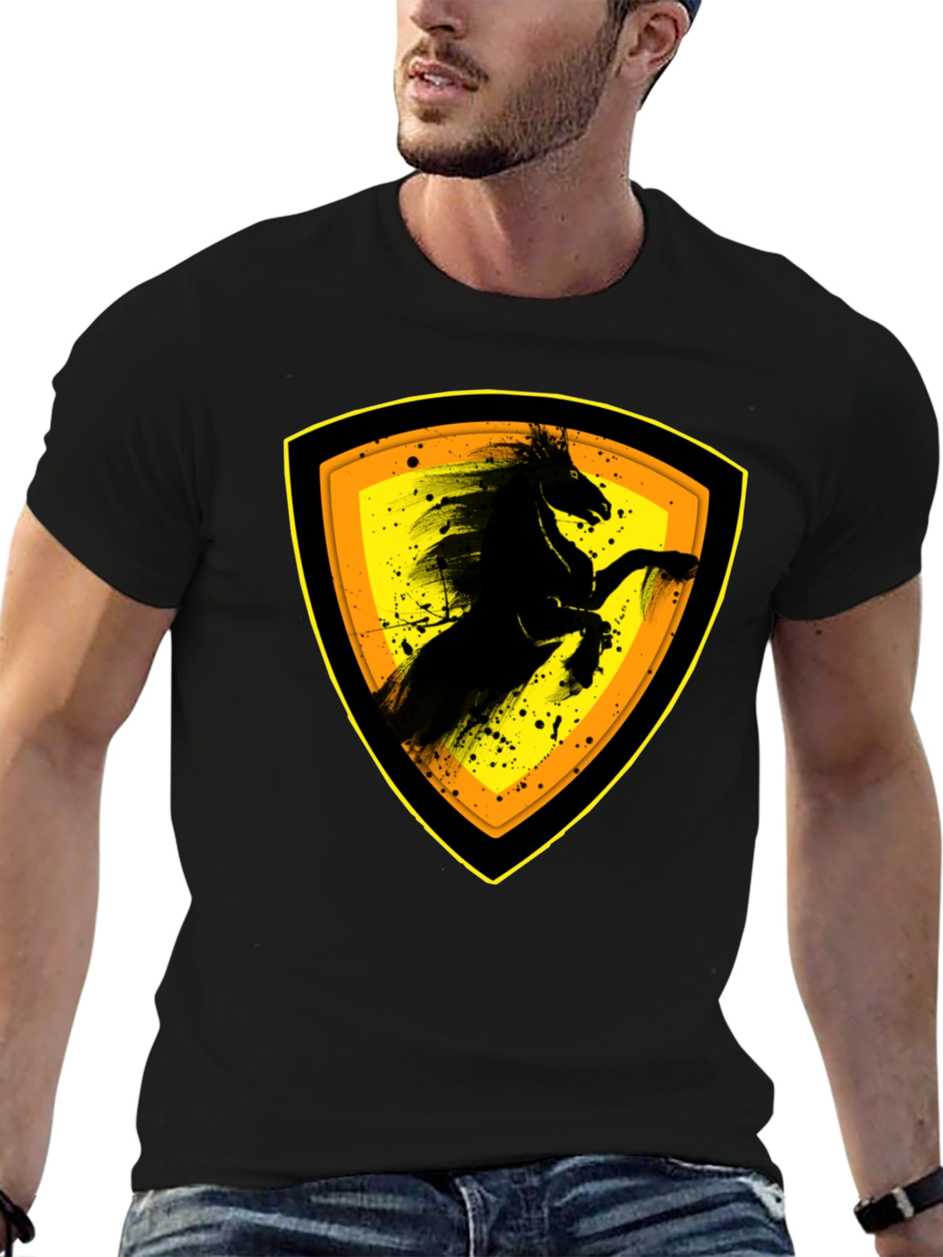 Black T-Shirt with Horse Emblem