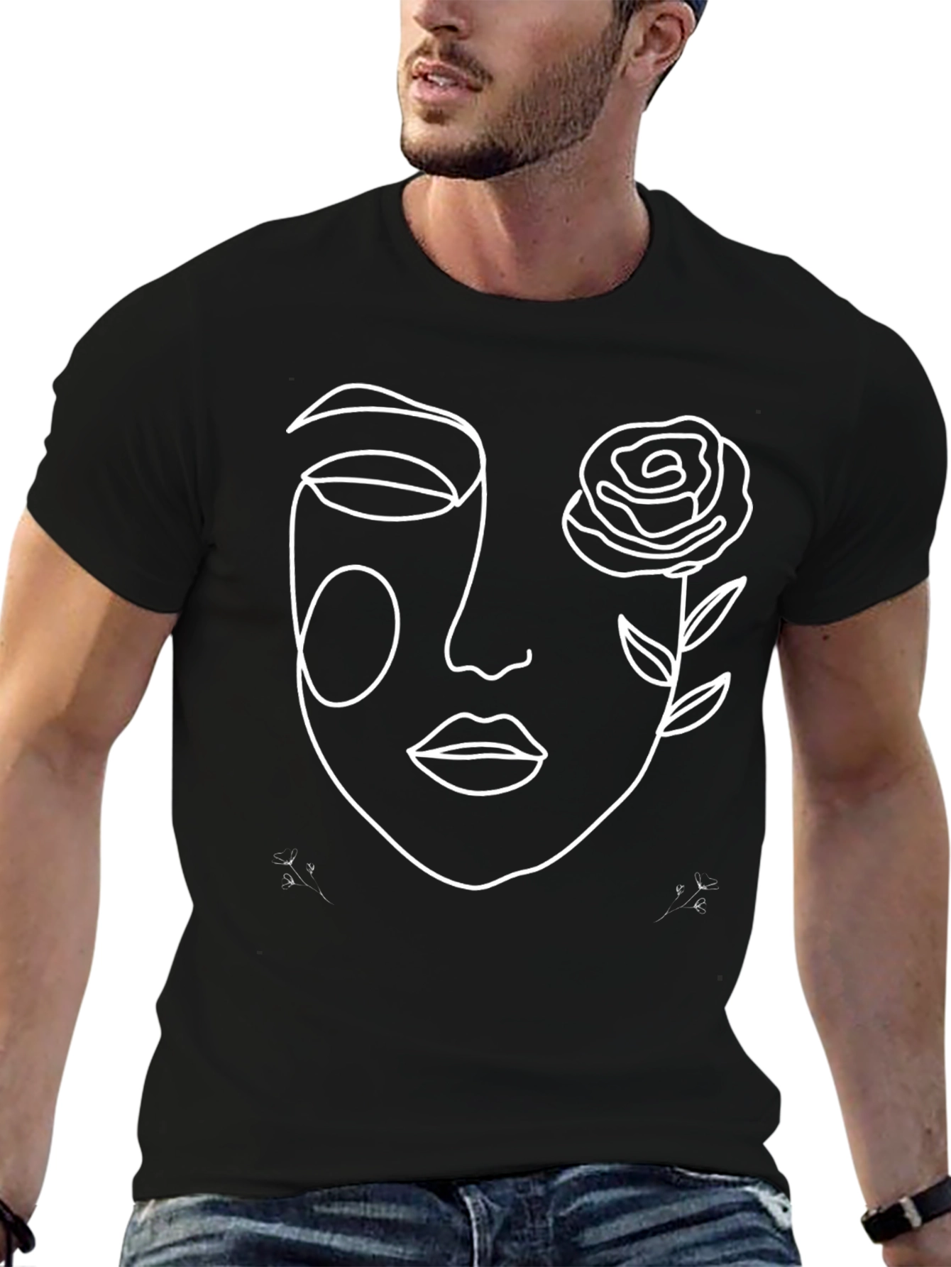 Minimalist Face with Rose Black T-Shirt