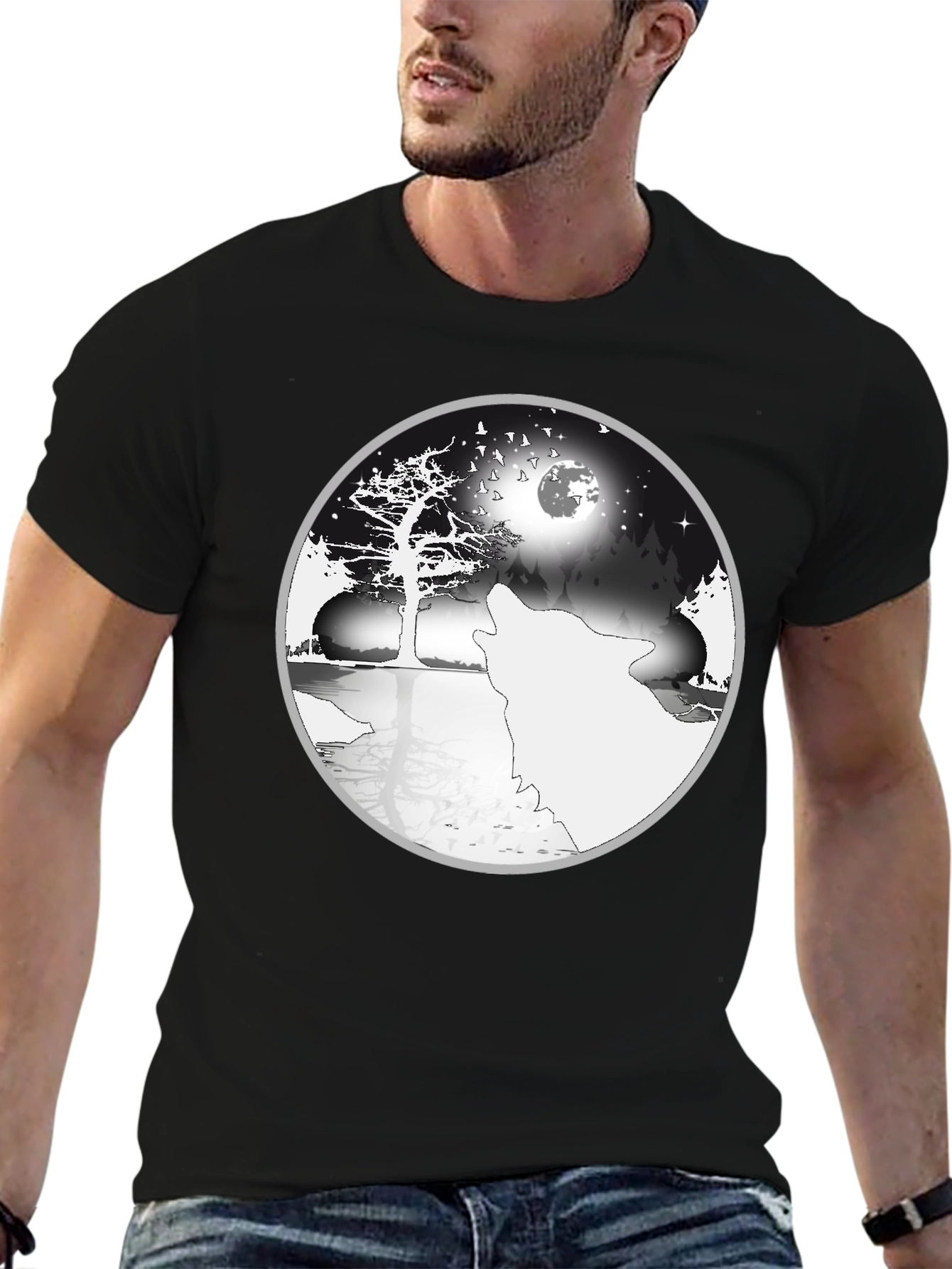Wolf & Moon Yin Yang Graphic Tee - Black