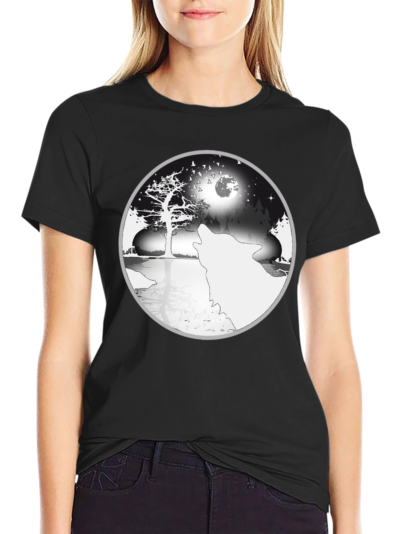 Wolf & Moon Yin Yang Graphic Tee - Black