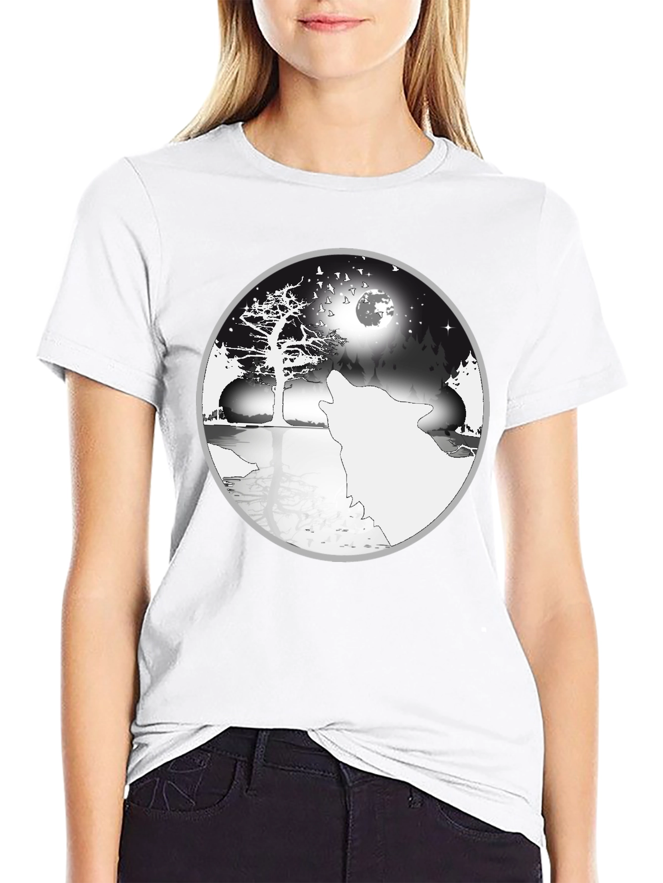 Wolf & Moon Yin Yang Graphic Tee - Black