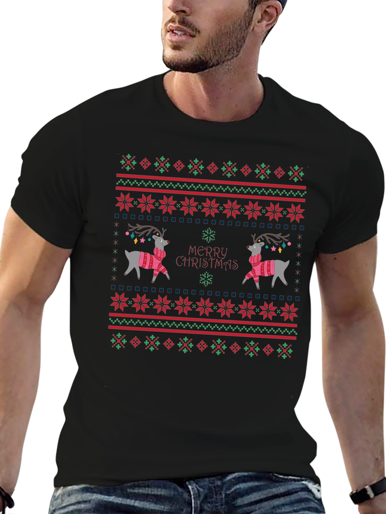 Festive Reindeer Christmas T-Shirt - Holiday Sweater Design