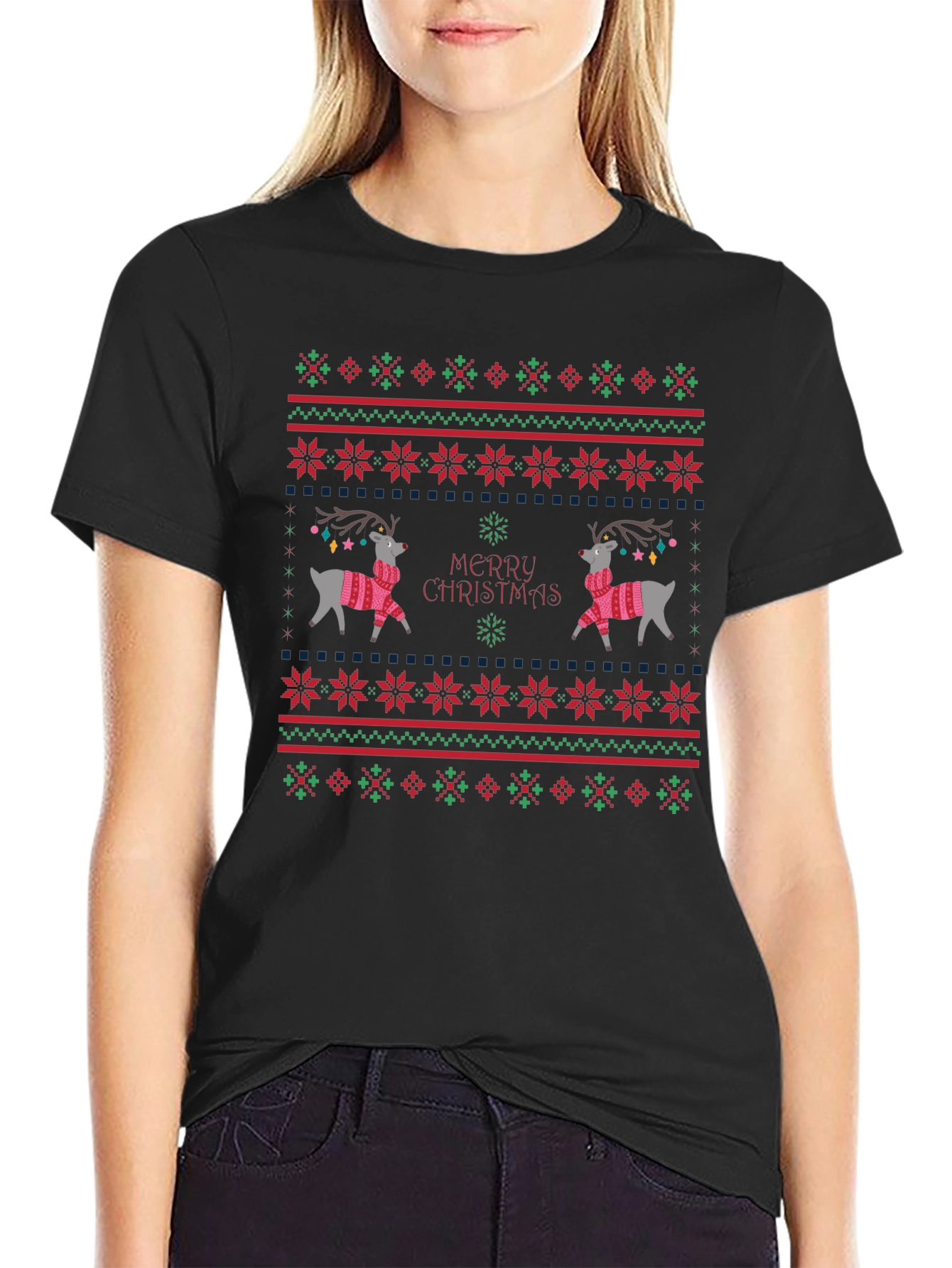Festive Reindeer Christmas T-Shirt - Holiday Sweater Design
