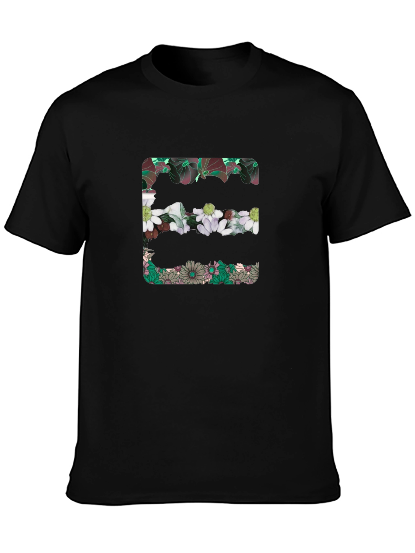 Floral Initial E Black T-Shirt