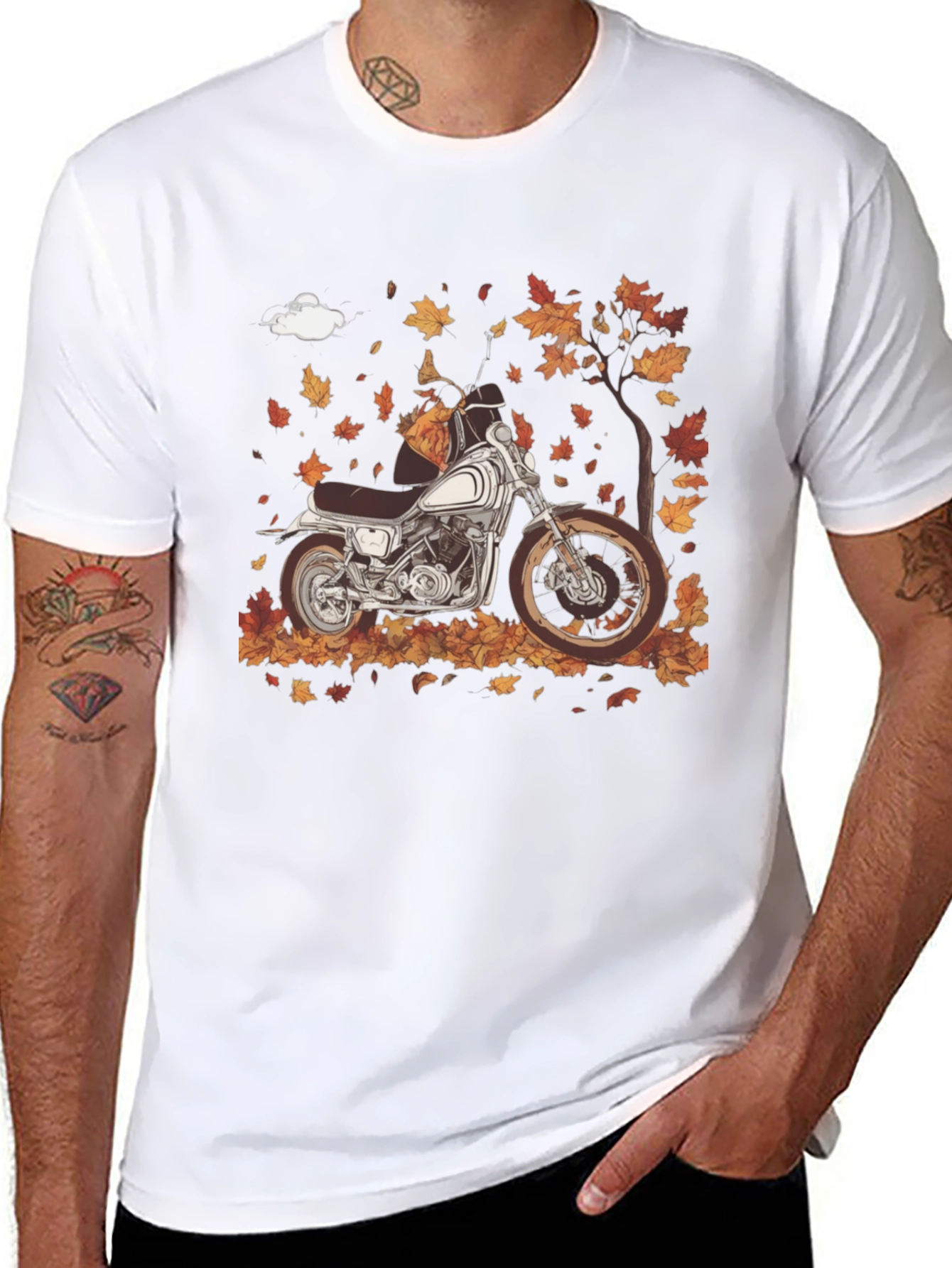 Motorcycle Autumn Leaves Graphic T-Shirt