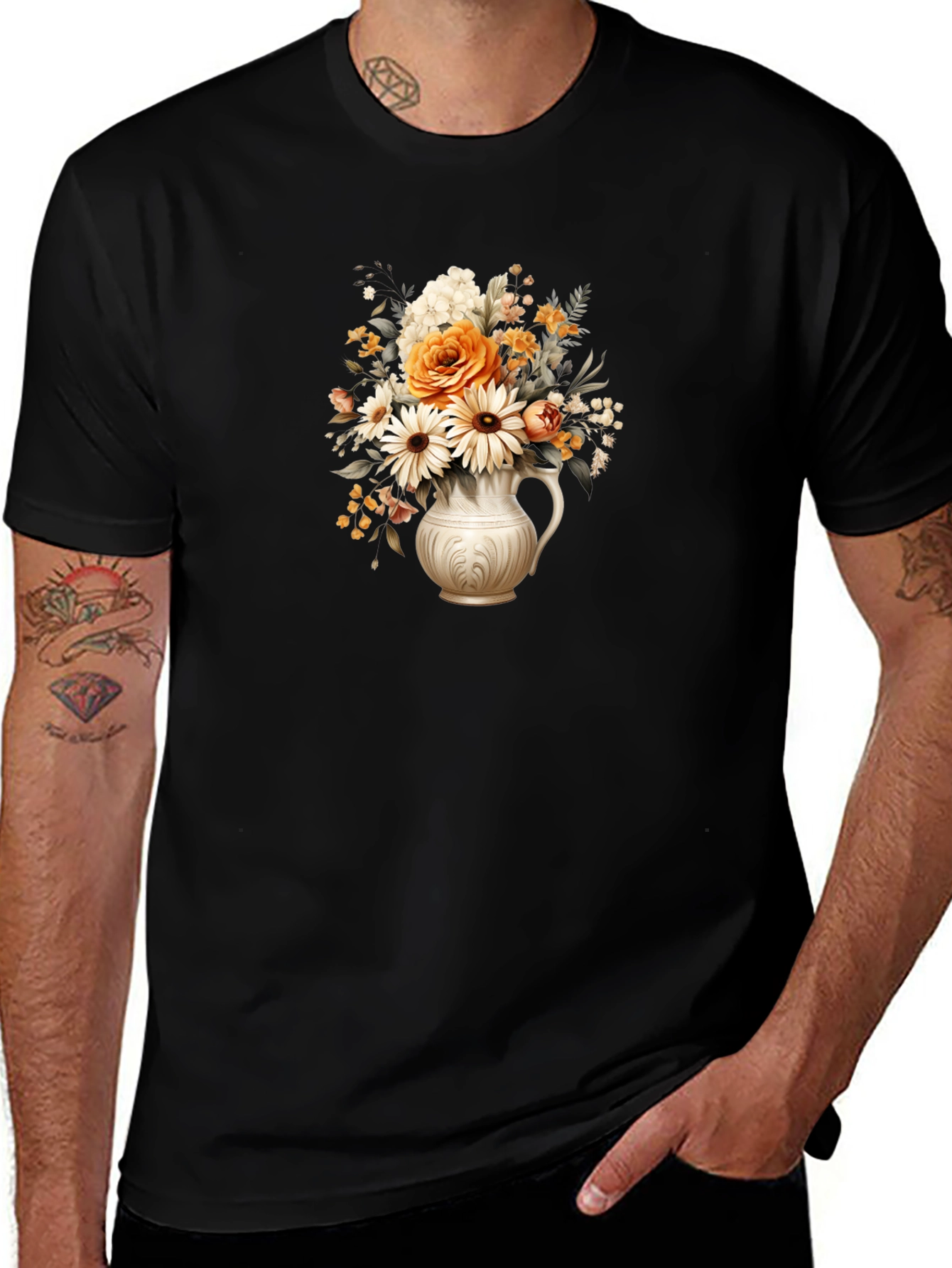 Floral Vase Graphic Tee - Stylish Black T-Shirt