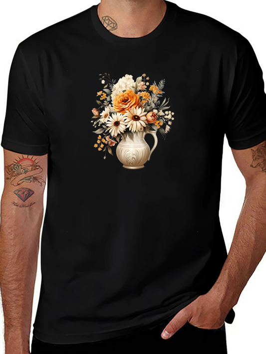 Floral Vase Graphic Tee - Stylish Black T-Shirt