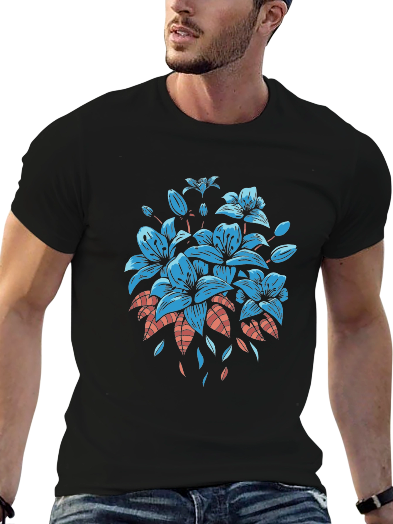 Floral Graphic Tee - Black Cotton T-Shirt
