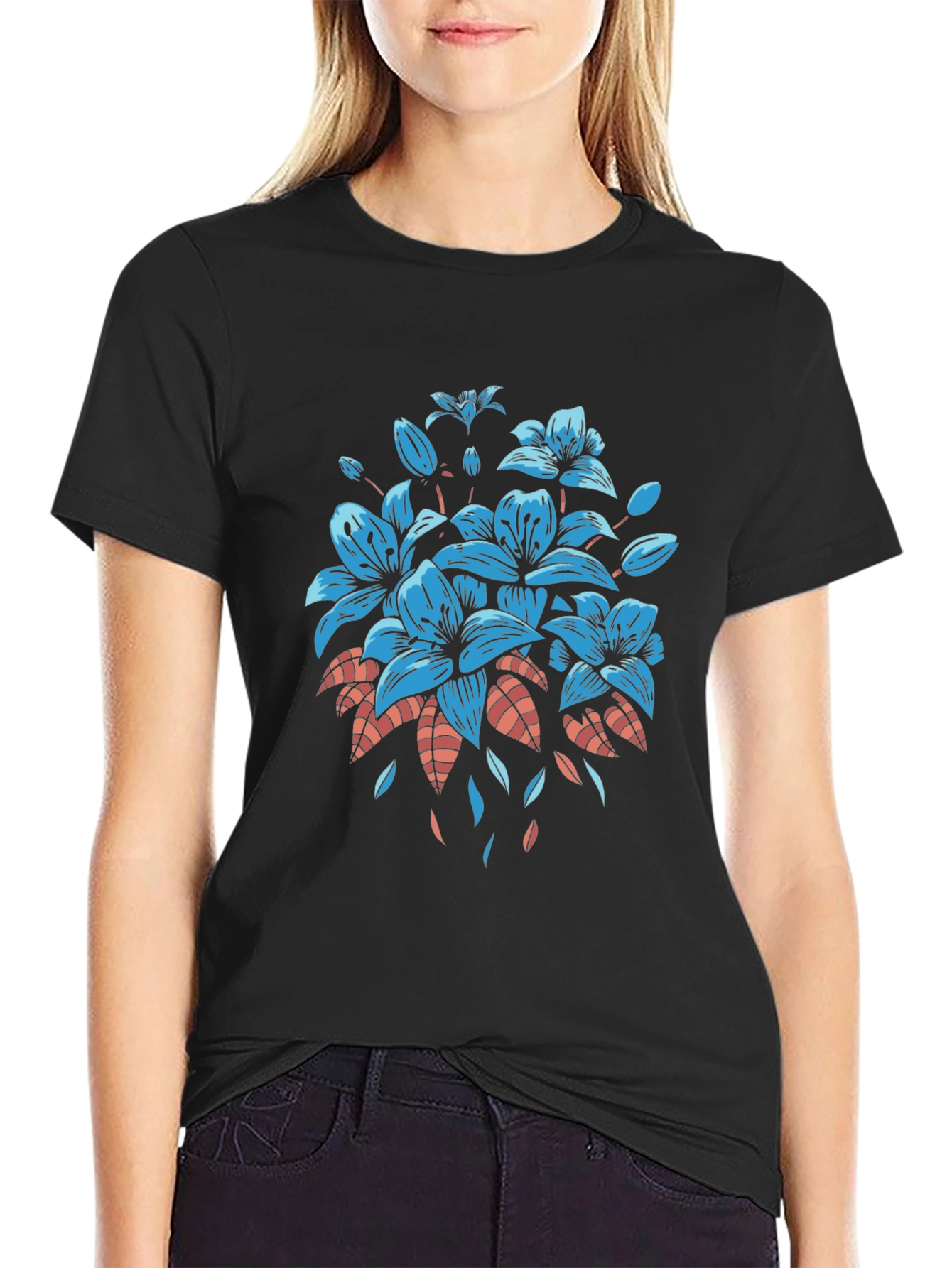Floral Graphic Tee - Black Cotton T-Shirt