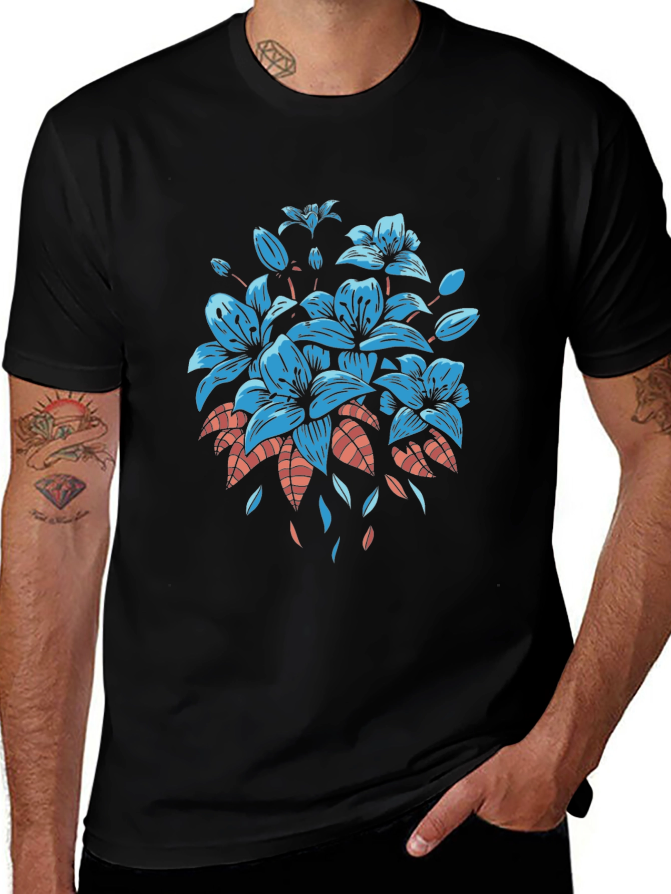 Floral Graphic Tee - Black Cotton T-Shirt