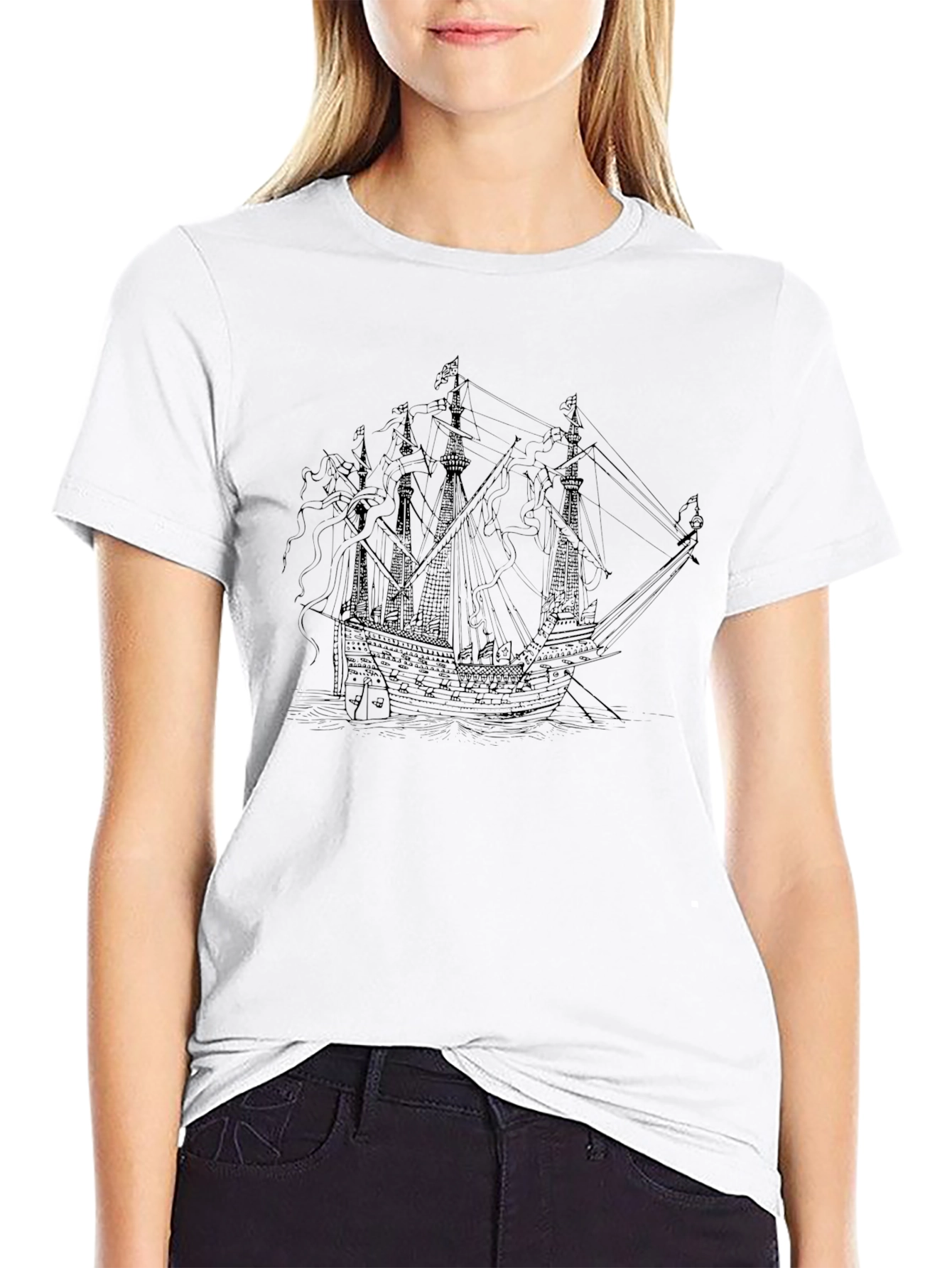 Black T-Shirt with Ship Graphic