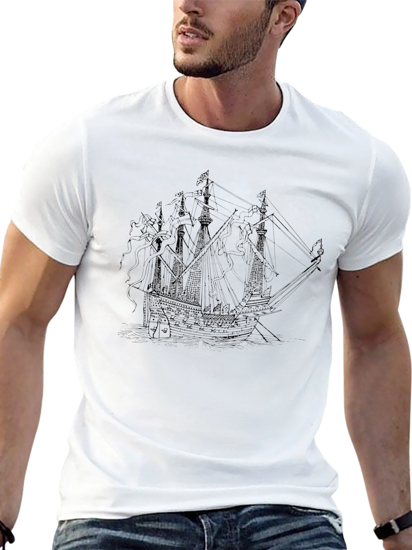 Black T-Shirt with Ship Graphic