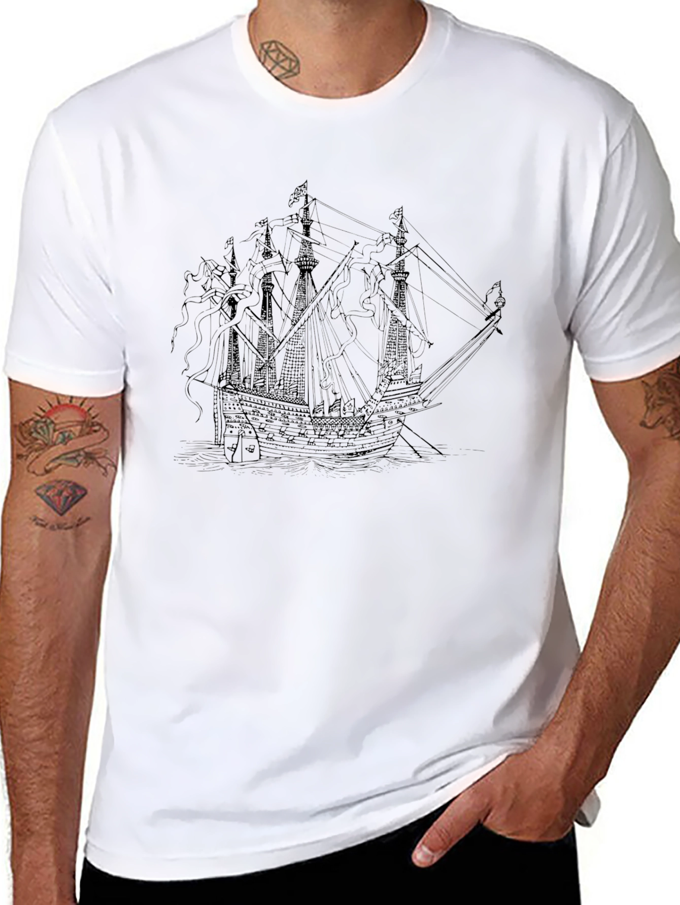Black T-Shirt with Ship Graphic