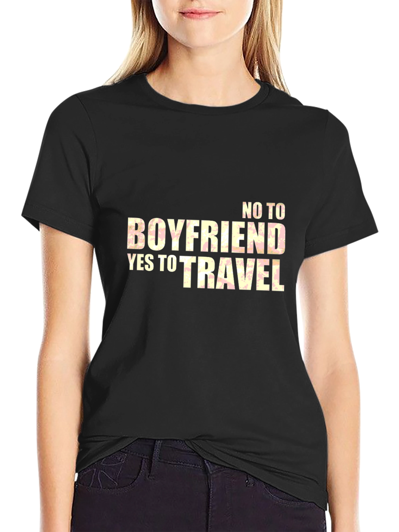 No Boyfriend Yes to Travel Black T-Shirt