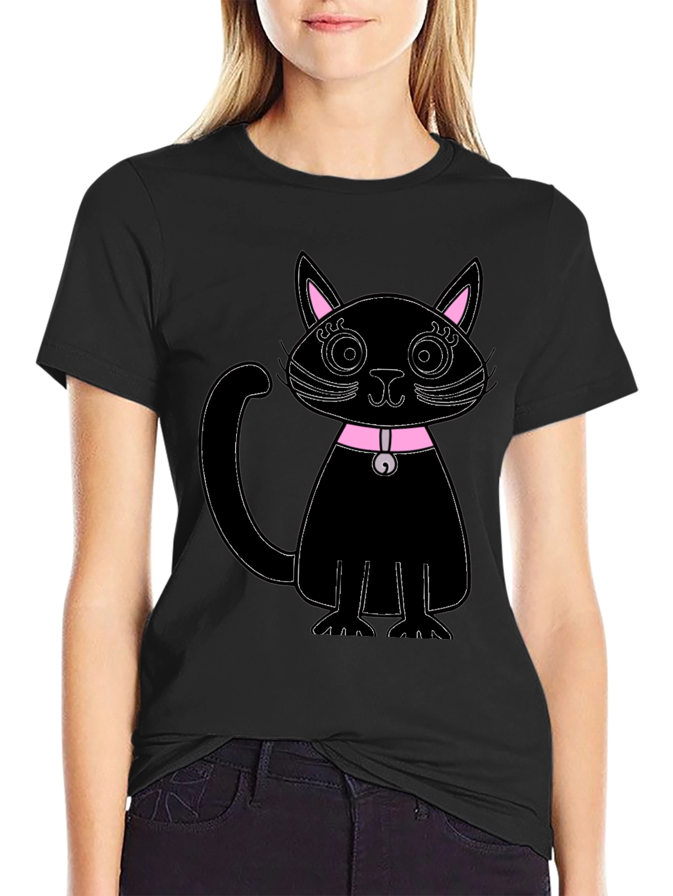 Black Cat T-Shirt - Pink Collar