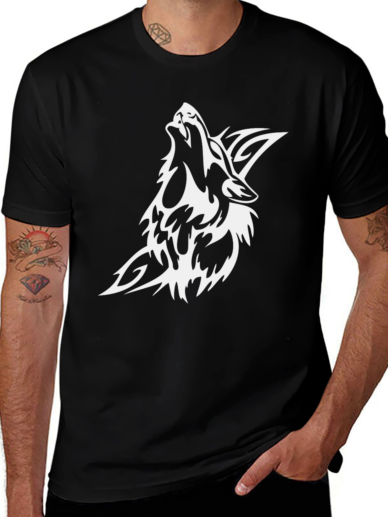 Mens Black T-shirt with White Wolf Graphic